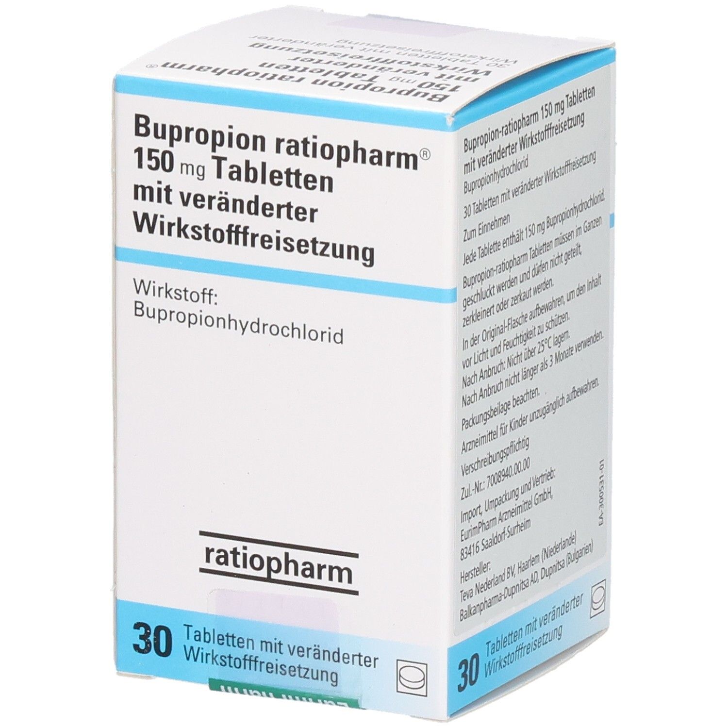 Weiße rechteckige Schachtel. Aufdruck: BUPROPION-ratiopharm 150 mg Tabletten. 30 Tabletten. Wirkstoff: Bupropionhydrochlorid. Marke ratiopharm. Text auf Deutsch.