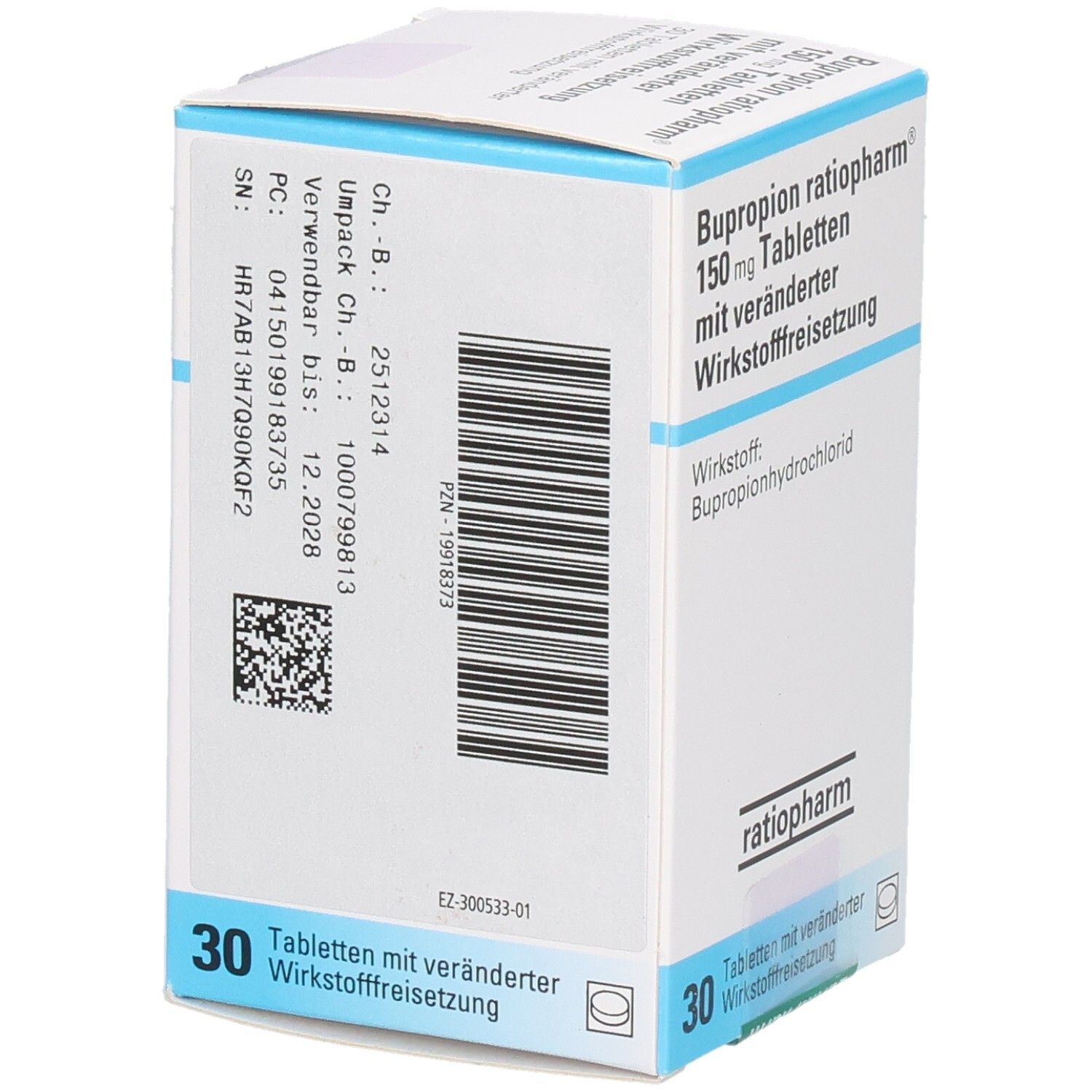 Weiße Schachtel mit blauer Umrandung. Aufdruck: BUPROPION-ratiopharm 150 mg Tabletten. 30 Tabletten. Marke ratiopharm. Text auf Deutsch. Barcode.