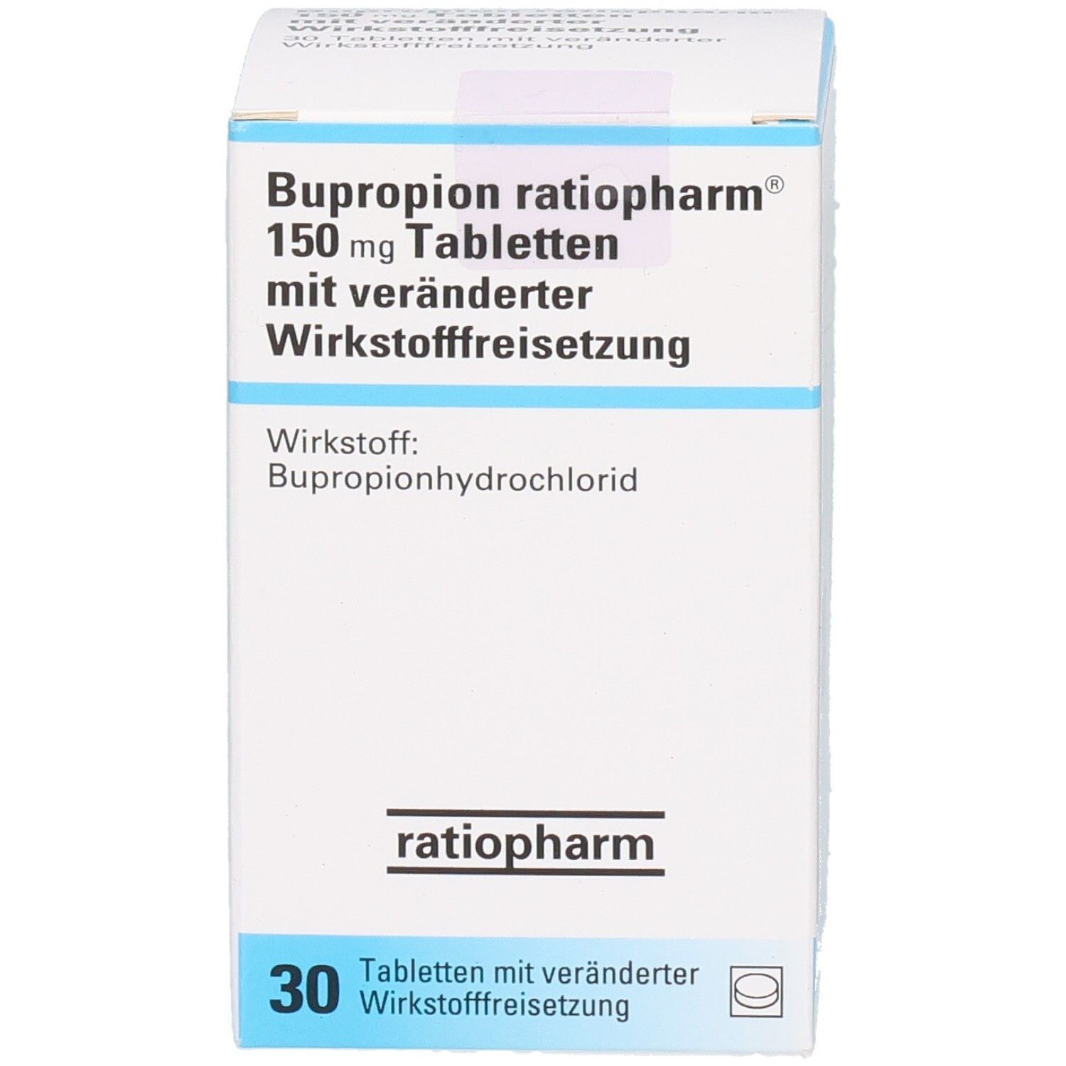 Weiße Schachtel mit blauer Umrandung. Aufdruck: BUPROPION-ratiopharm 150 mg Tabletten. 30 Tabletten. Wirkstoff: Bupropionhydrochlorid. Marke ratiopharm.