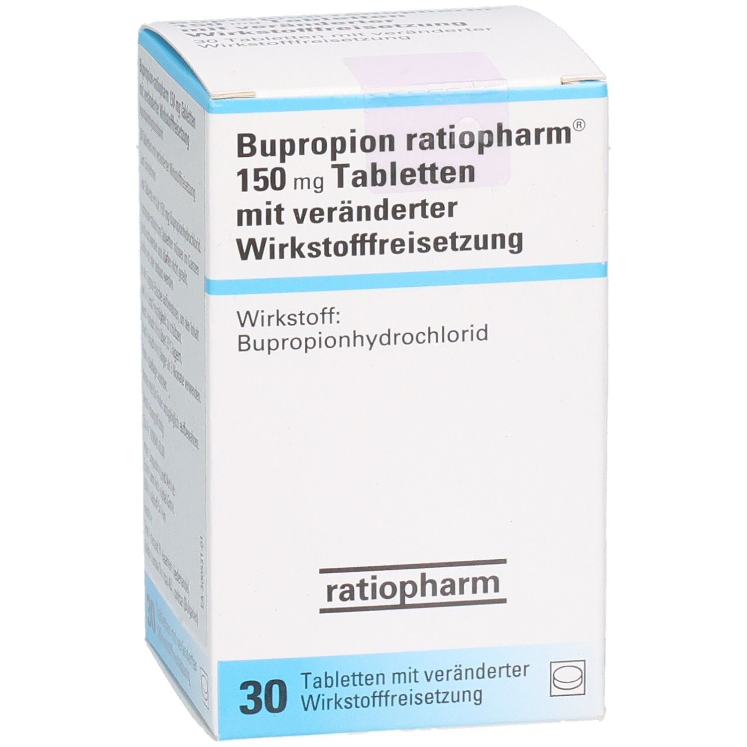 Weiße Schachtel mit blauer Umrandung. Aufdruck: BUPROPION-ratiopharm 150 mg Tabletten. 30 Tabletten. Wirkstoff: Bupropionhydrochlorid. Marke ratiopharm.