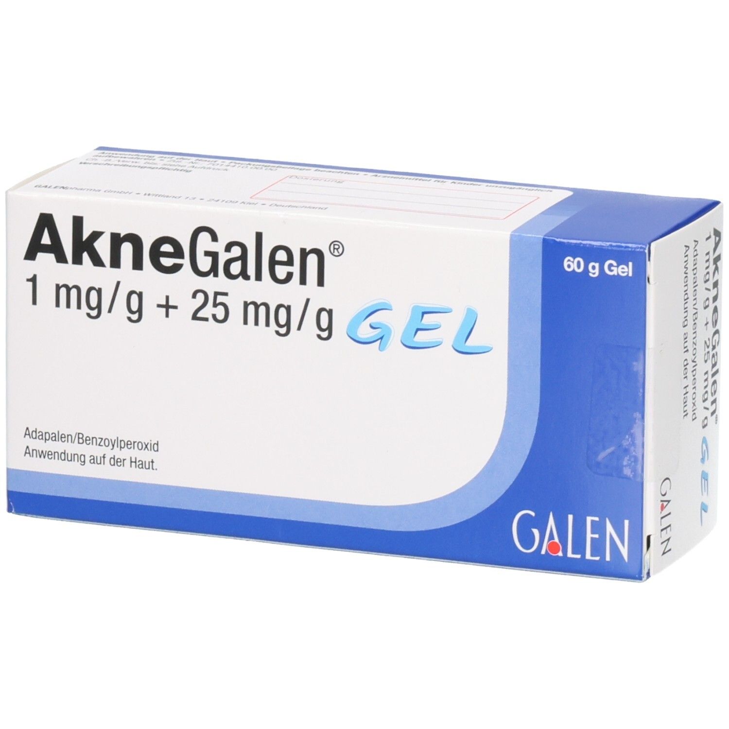 Schachtel mit Produktaufdruck: AkneGalen 1 mg/g + 25 mg/g Gel. Blaue und weiße Farbgebung. GALEN-Logo.