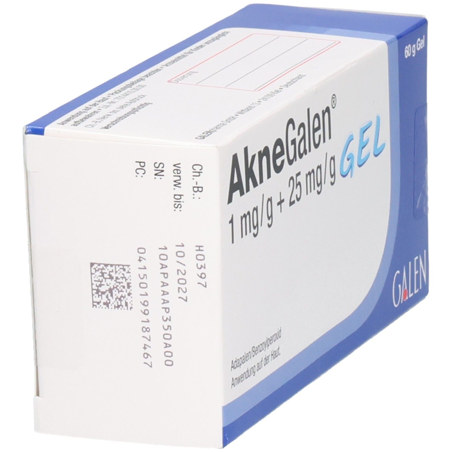 Schachtel AkneGalen 1 mg/g + 25 mg/g Gel, schräg. Aufdrucke mit Produktinformationen und Logo GALEN.