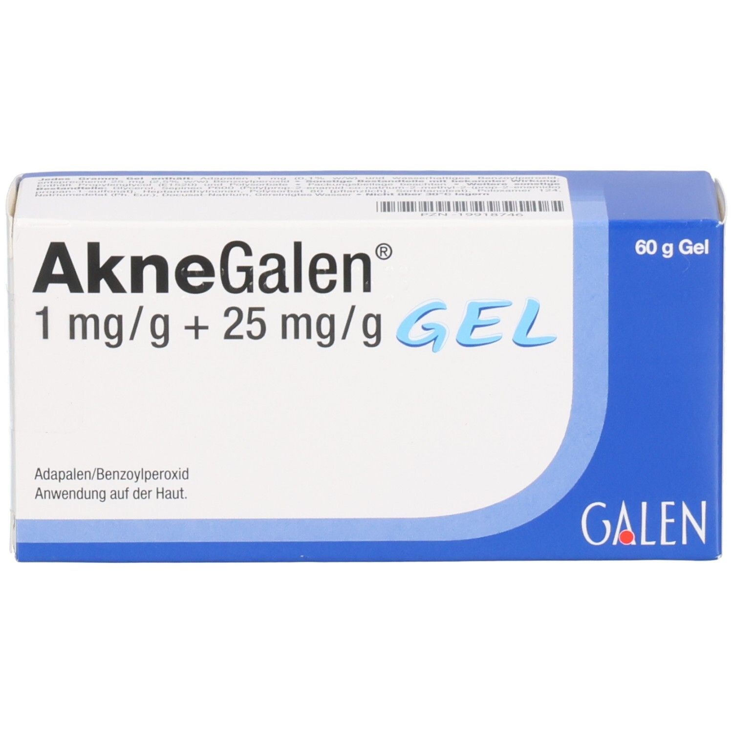 Schachtel AkneGalen 1 mg/g + 25 mg/g Gel. Blaue und weiße Farbgebung. Aufdrucke mit Produktinformationen und Logo GALEN.