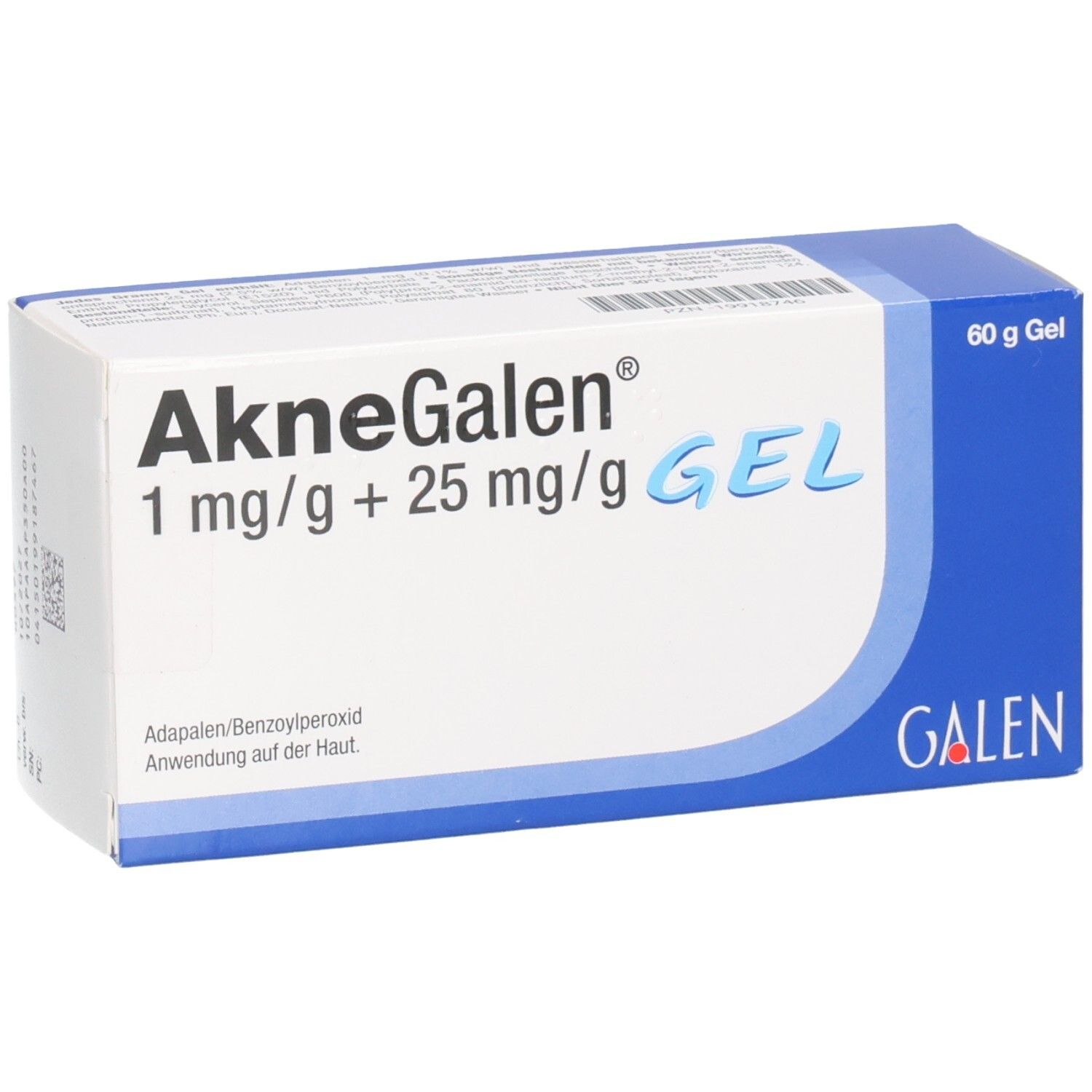 Schachtel AkneGalen 1 mg/g + 25 mg/g Gel. Blaue und weiße Farbgebung. Aufdrucke mit Produktinformationen und Logo GALEN.