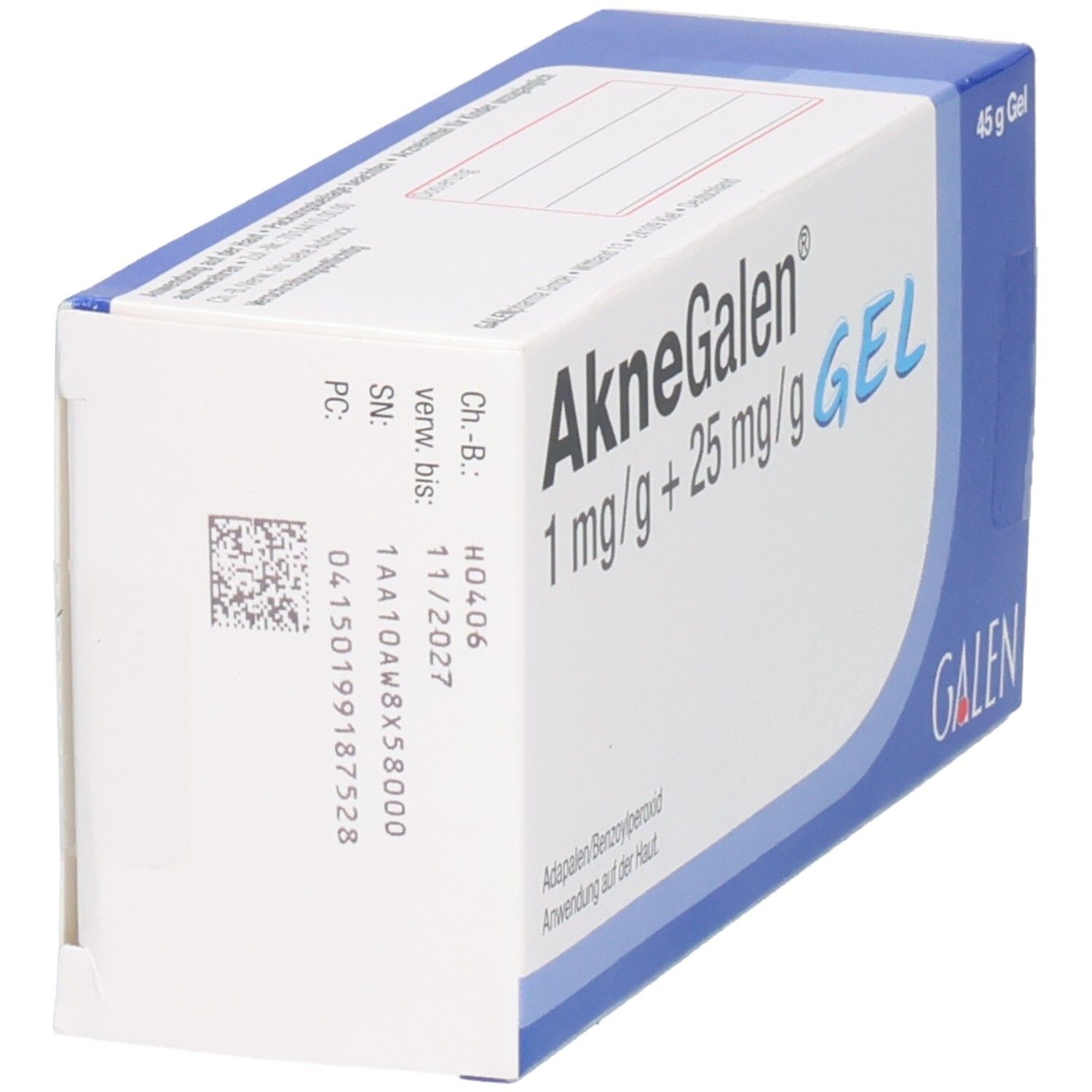 Schachtel, Seitenansicht. Produktname und Inhaltsangabe. Barcode und Chargennummer sichtbar.