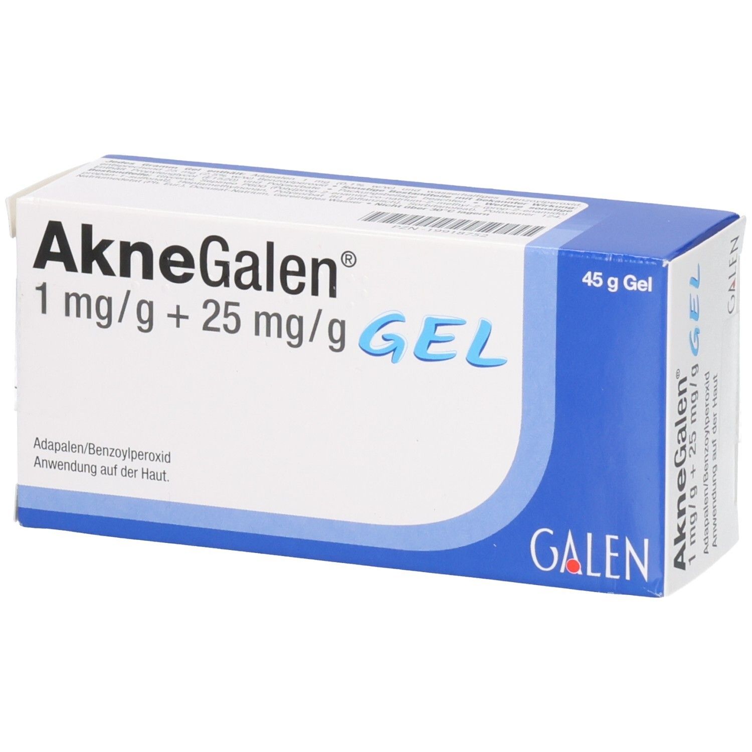Schachtel mit Produktnamen und Inhaltsangabe. Blaue und weiße Farbgebung. GALEN-Logo unten rechts.