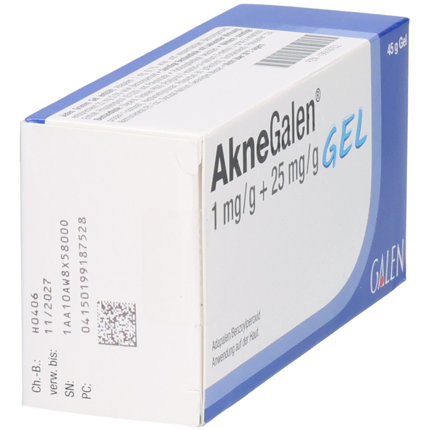 Schachtel, Seitenansicht. Produktname und Inhaltsangabe. Barcode und Chargennummer sichtbar.