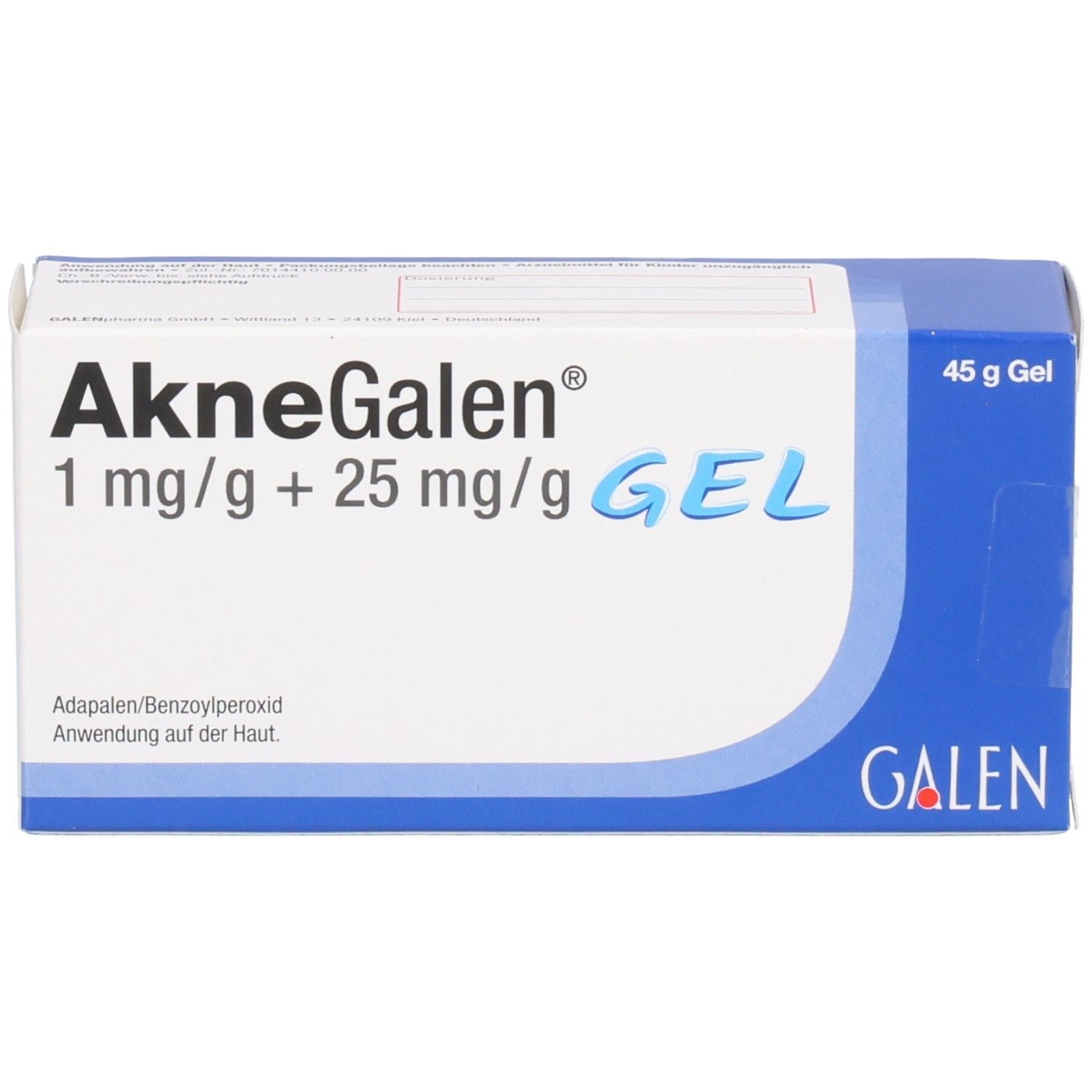 Schachtel mit Produktnamen und Inhaltsangabe. Blaue und weiße Farbgebung. GALEN-Logo unten rechts.