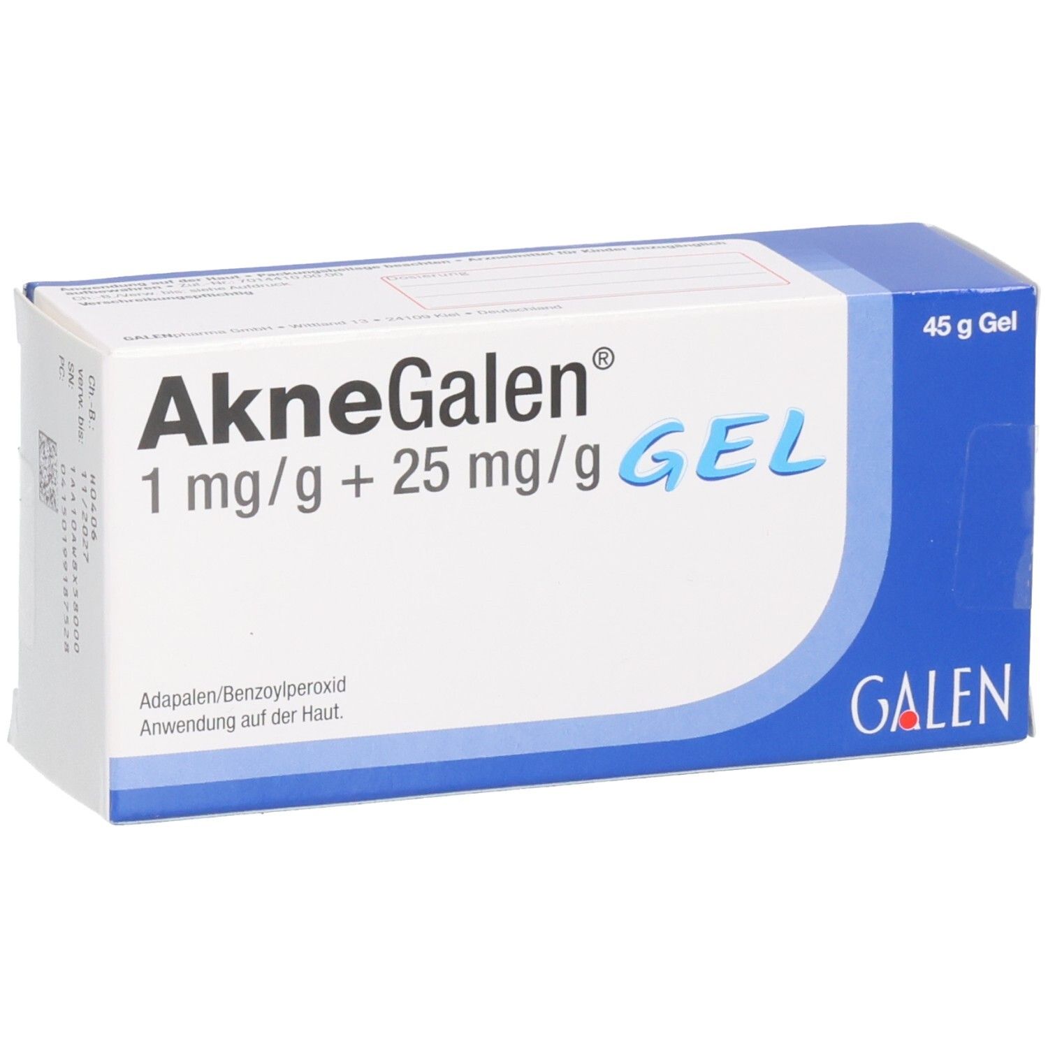 Schachtel mit Produktnamen und Inhaltsangabe. Blaue und weiße Farbgebung. GALEN-Logo unten rechts.