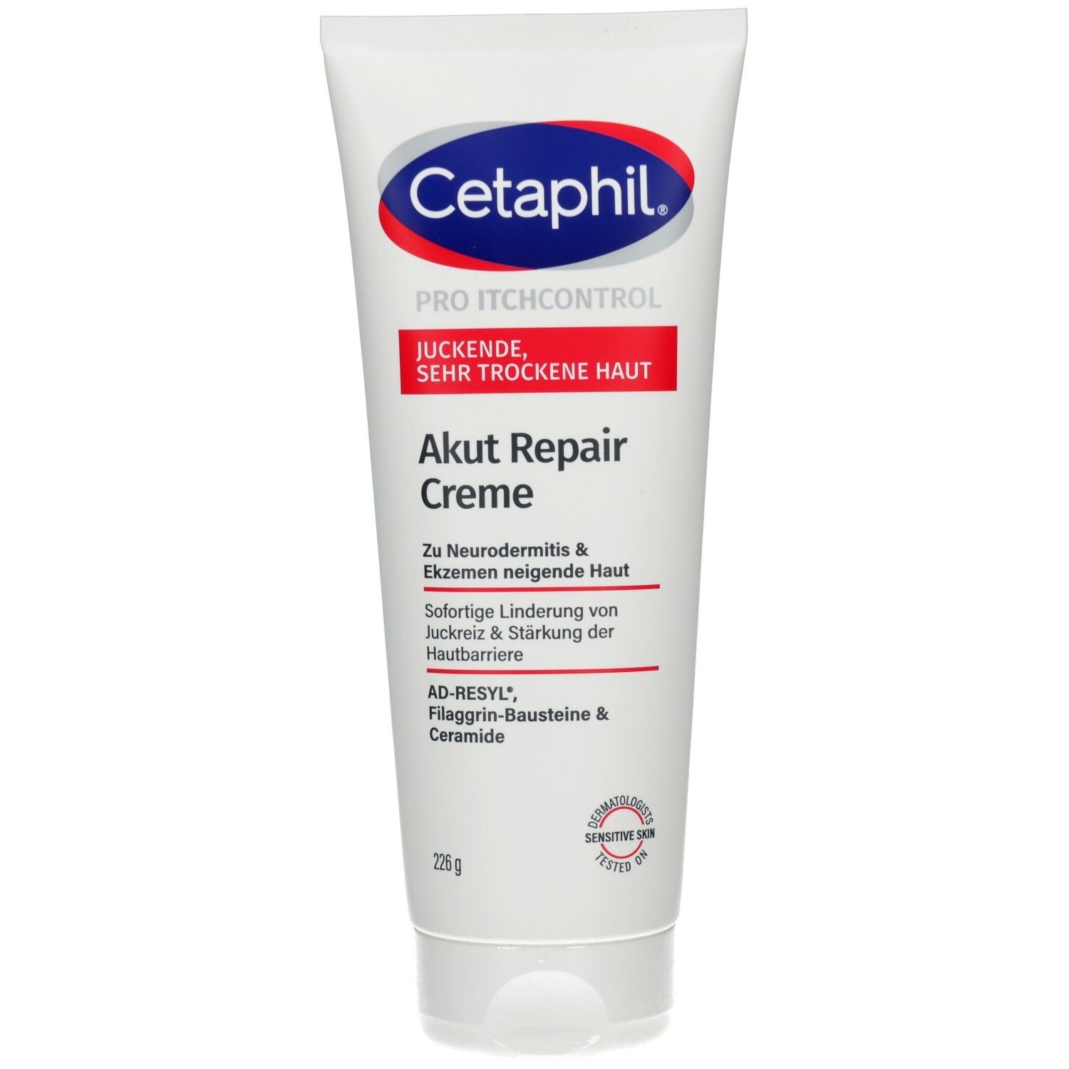 Cetaphil Pro Itchcontrol Akut Repair Creme Tube mit rotem und weißem Etikett. Enthält AD-RESYL, Filaggrin-Bausteine & Ceramide.