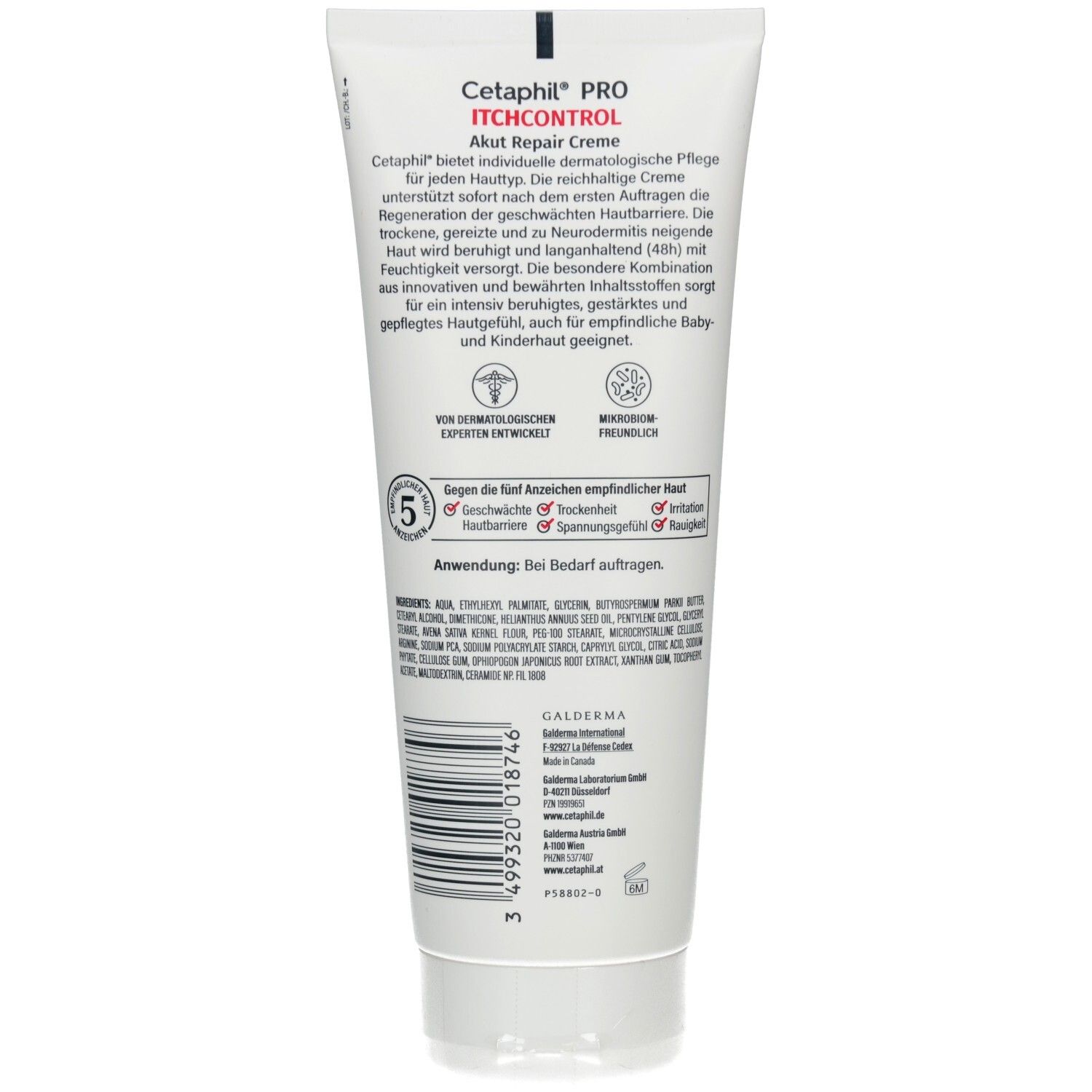Rückseite der Cetaphil Pro Itchcontrol Akut Repair Creme Tube mit Produktinformationen und Inhaltsstoffen.
