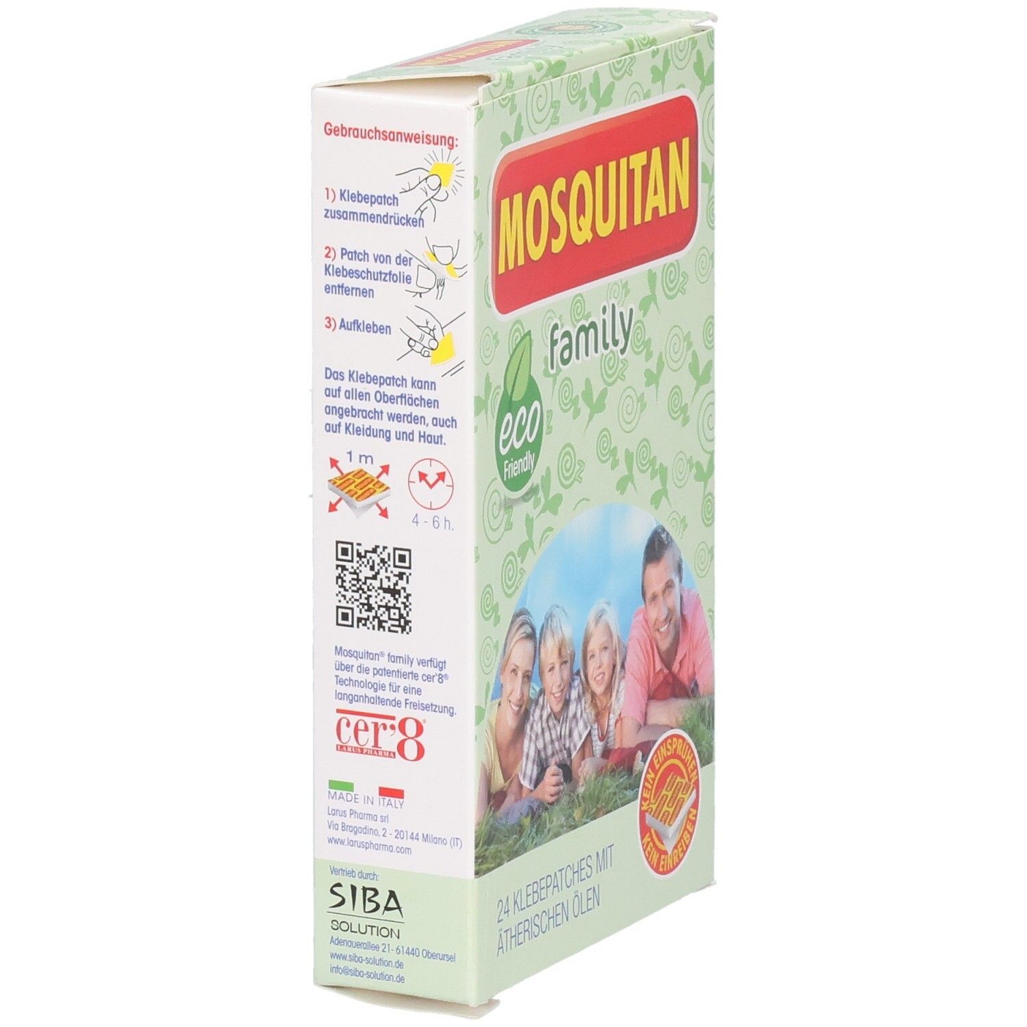 MOSQUITAN family Klebepatches: Seitenansicht mit Anwendungshinweisen und Produktinformationen.