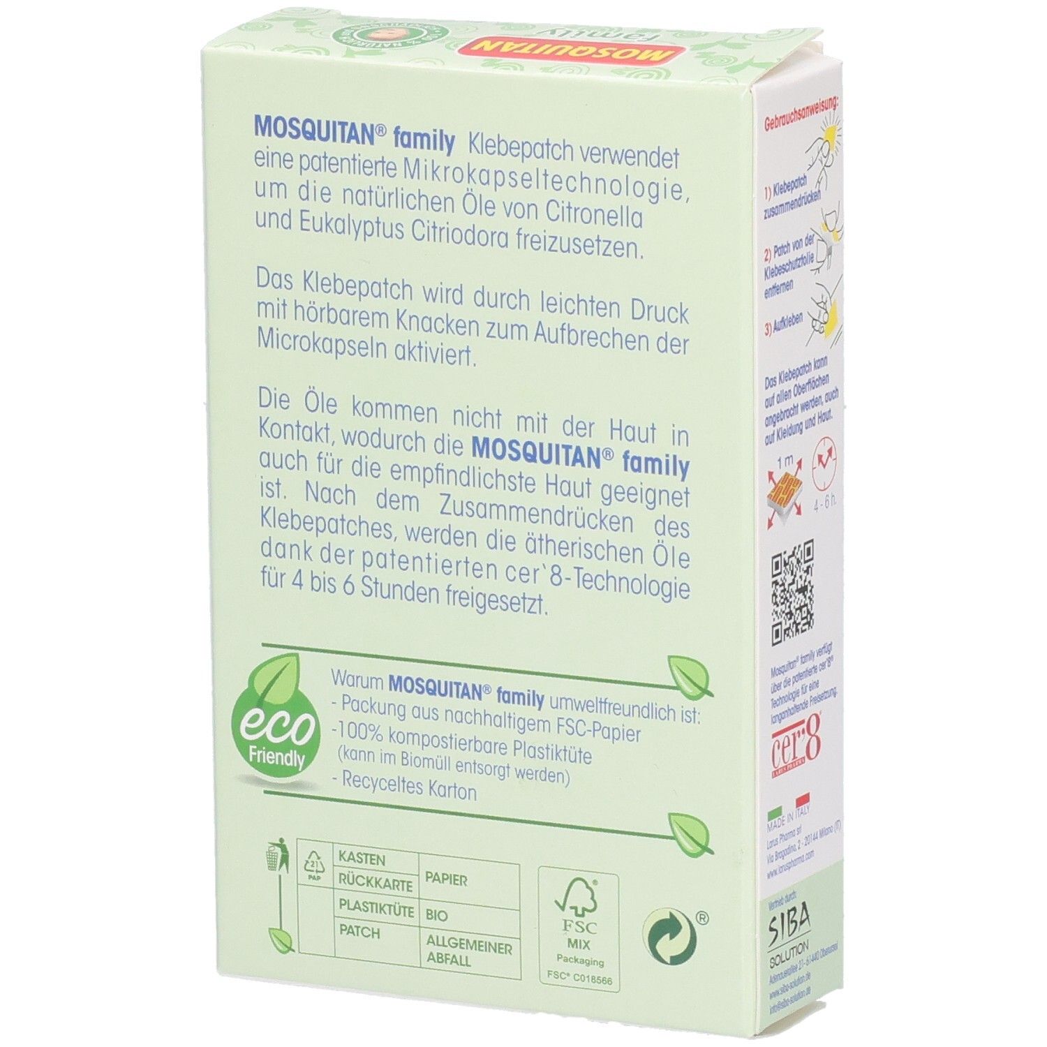 MOSQUITAN family Klebepatches: Rückseite mit detaillierten Produktinformationen und Umweltfreundlichkeit.