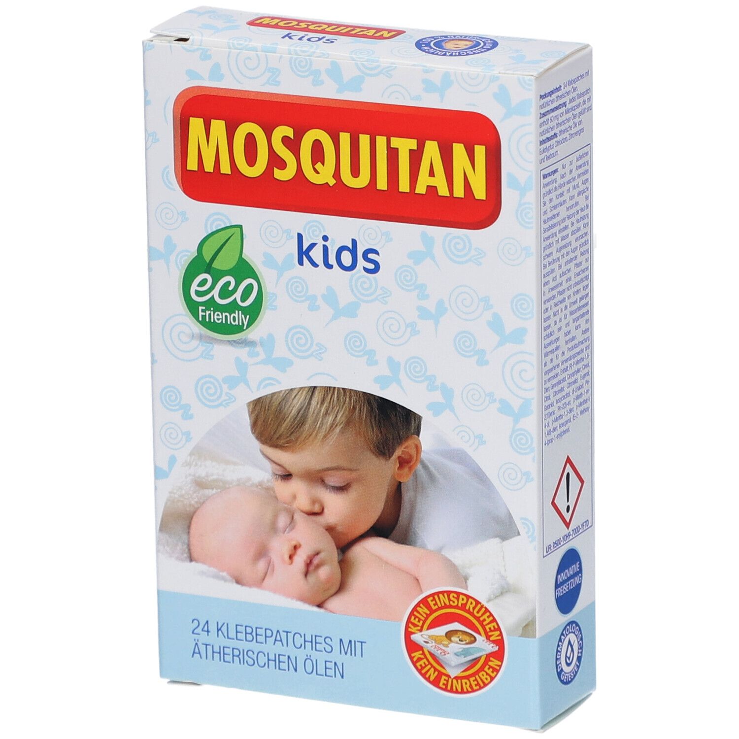 Verpackung mit MOSQUITAN kids Patches. Aufdruck: 24 Klebepatchs mit ätherischen Ölen. Abbildung: Kind küsst Baby.