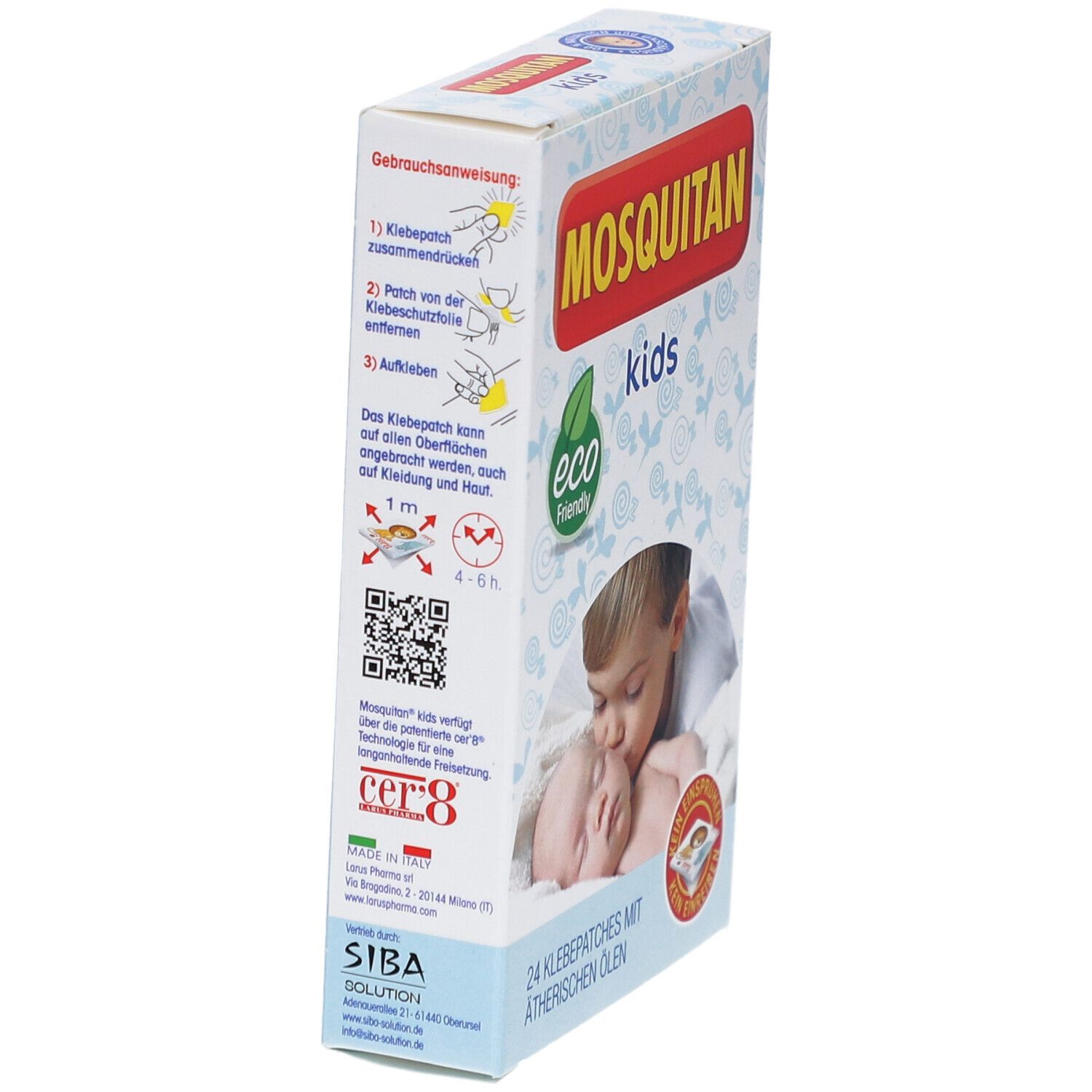 MOSQUITAN kids Packung, Seitenansicht. Aufdruck: Gebrauchsanweisung, 24 Klebepatchs. Logo: eco friendly. Abbildung: Kind.