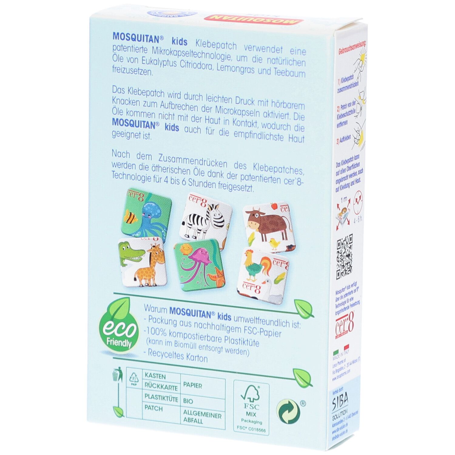 Rückseite der MOSQUITAN kids Packung. Text über Klebepatchs und Inhaltsstoffe. Logos: eco friendly, FSC Mix. Abbildungen von Patches.