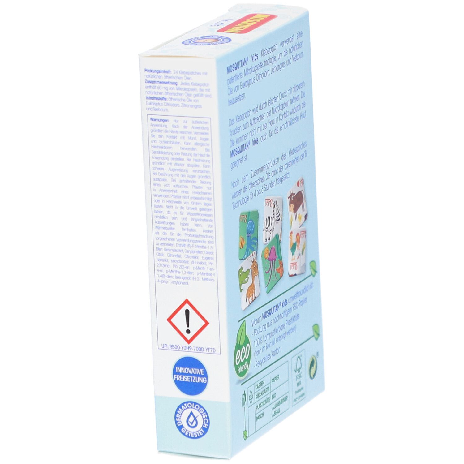 Seitenansicht der MOSQUITAN kids Packung. Text über Anwendung und Inhaltsstoffe. Logos: innovative Rezeptur, dermatologisch getestet.