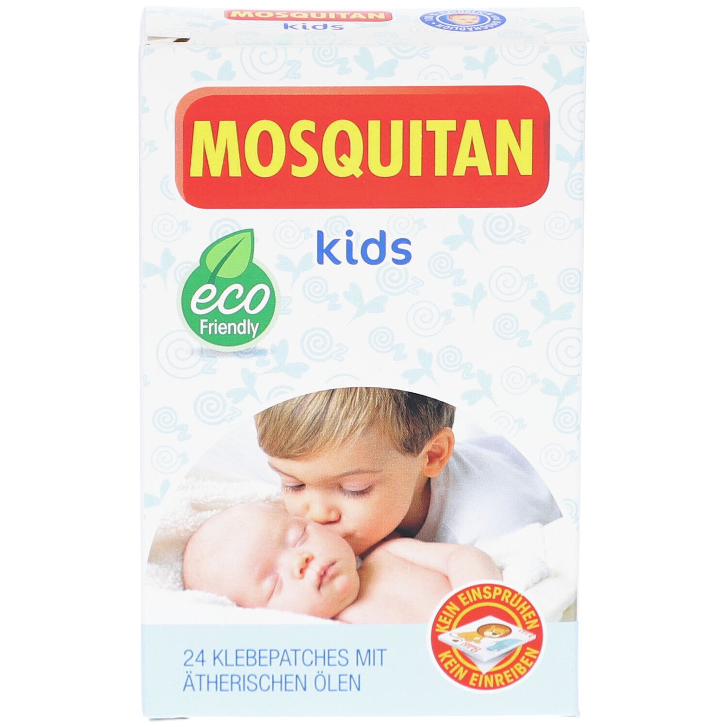 MOSQUITAN kids Packung. Aufdruck: 24 Klebepatchs mit ätherischen Ölen. Abbildung: Kind küsst Baby. Logos: eco friendly.