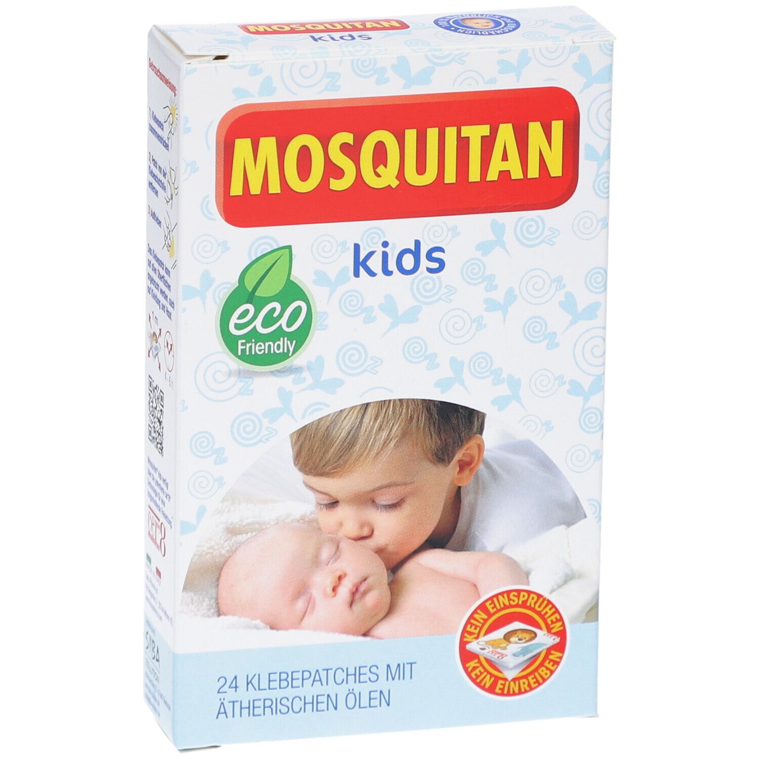 MOSQUITAN kids Packung. Aufdruck: 24 Klebepatchs mit ätherischen Ölen. Abbildung: Kind küsst Baby. Logos: eco friendly.