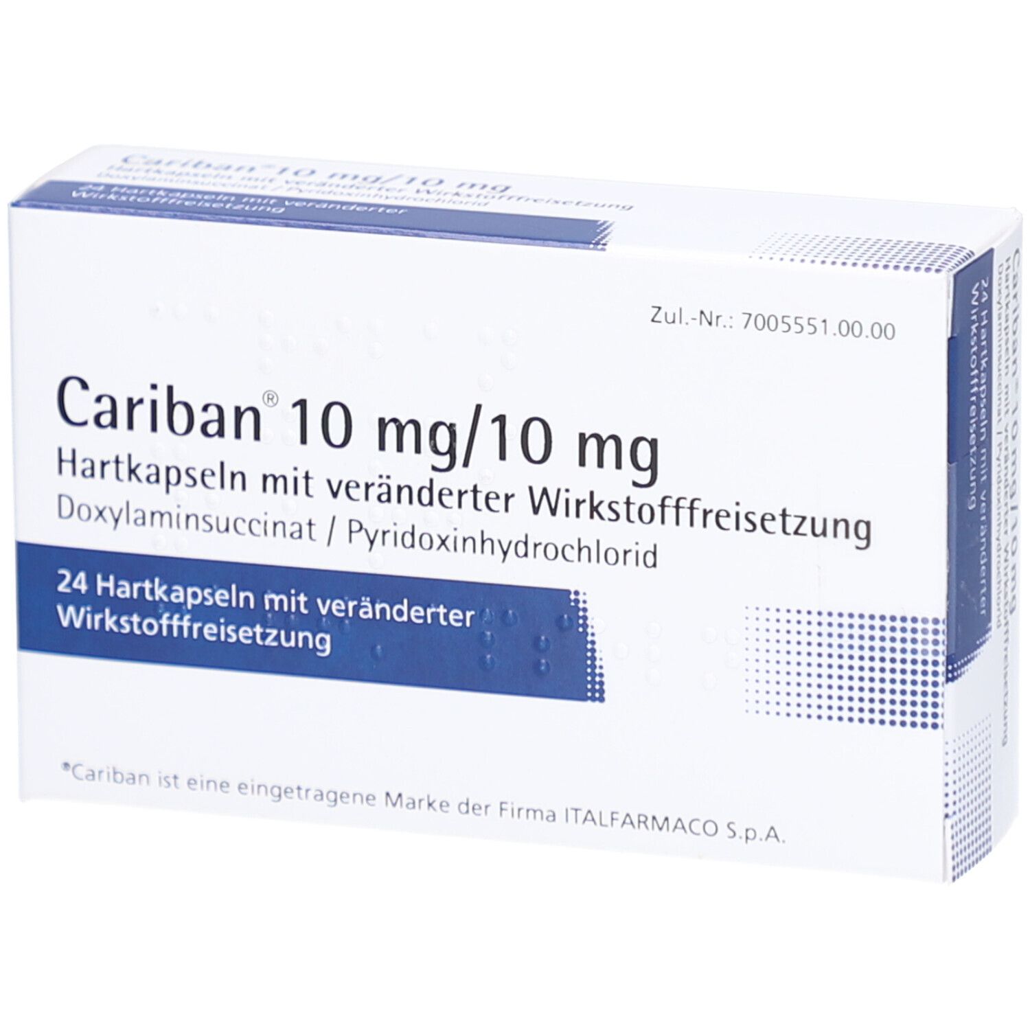 Weiß-blaue Schachtel mit Produktnamen Cariban 10 mg/10 mg. Enthält 24 Hartkapseln. Text in deutscher Sprache.