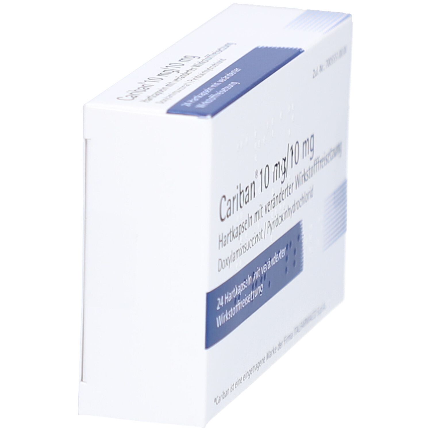 Schräg gestellte, weiße Schachtel mit blauem Streifen. Aufschrift Cariban 10 mg/10 mg. 24 Hartkapseln. Text in deutscher Sprache.