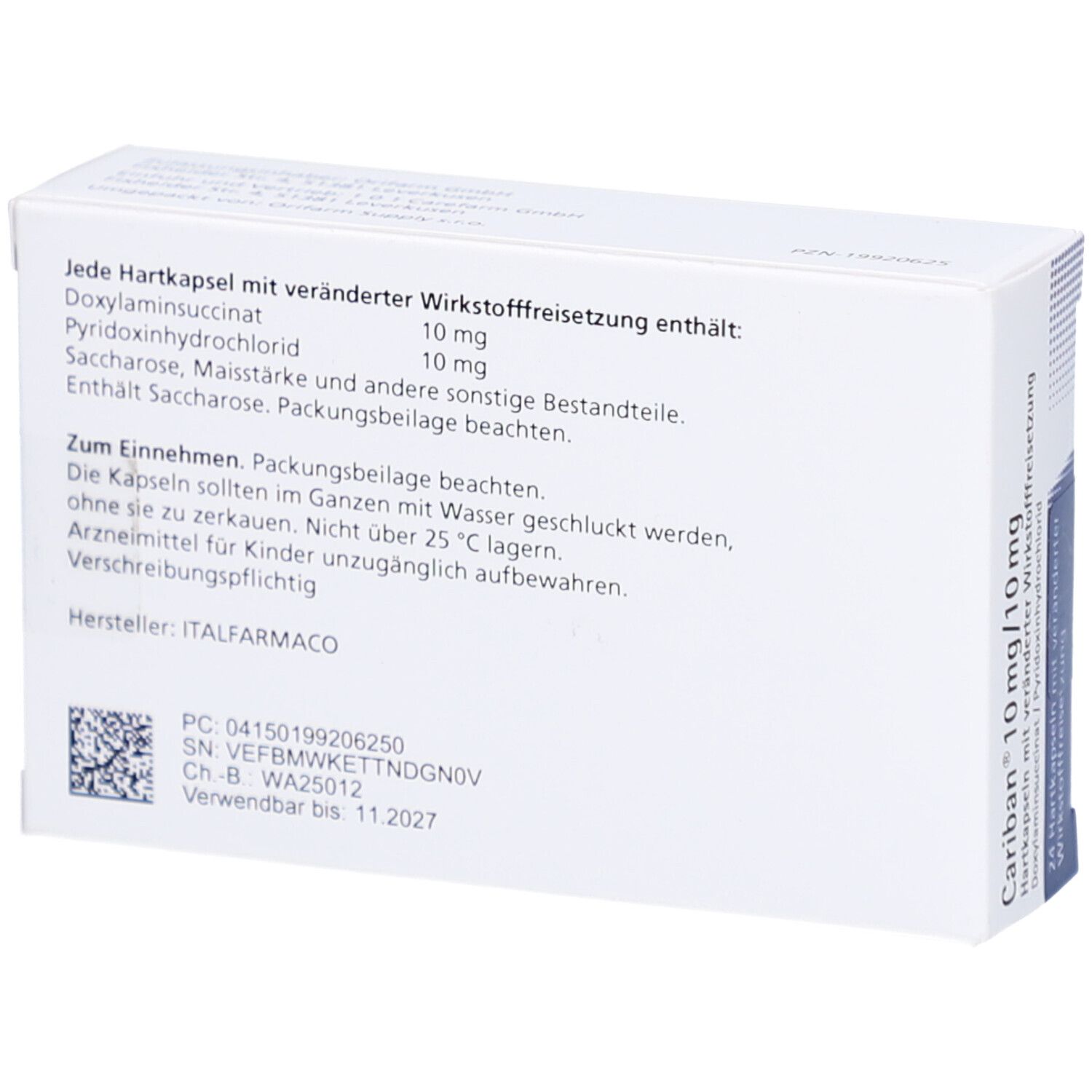 Rückseite der weißen Schachtel. Text in deutscher Sprache. Enthält Informationen zu Inhaltsstoffen und Anwendung.