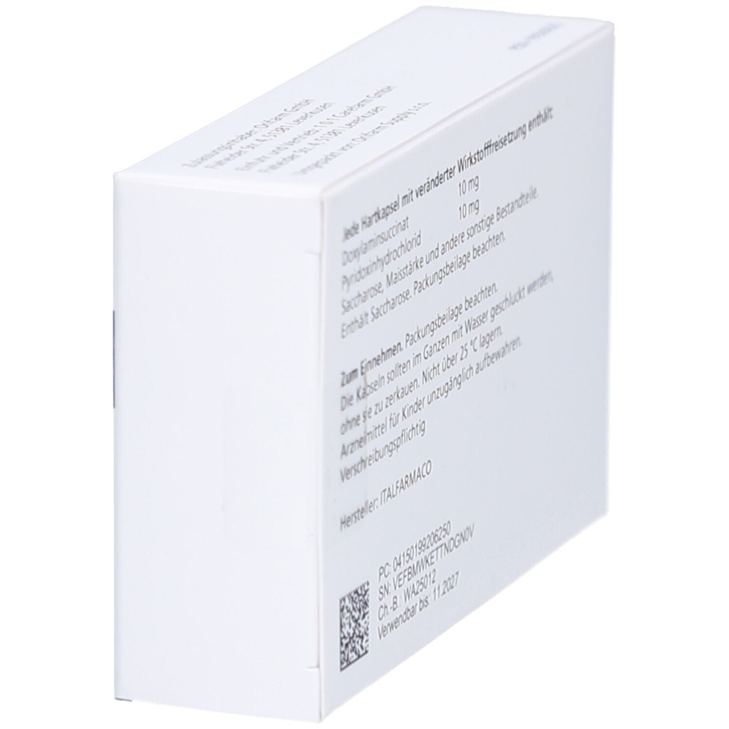 Schräg gestellte Rückseite der weißen Schachtel. Text in deutscher Sprache. Informationen zu Inhaltsstoffen und Anwendung.