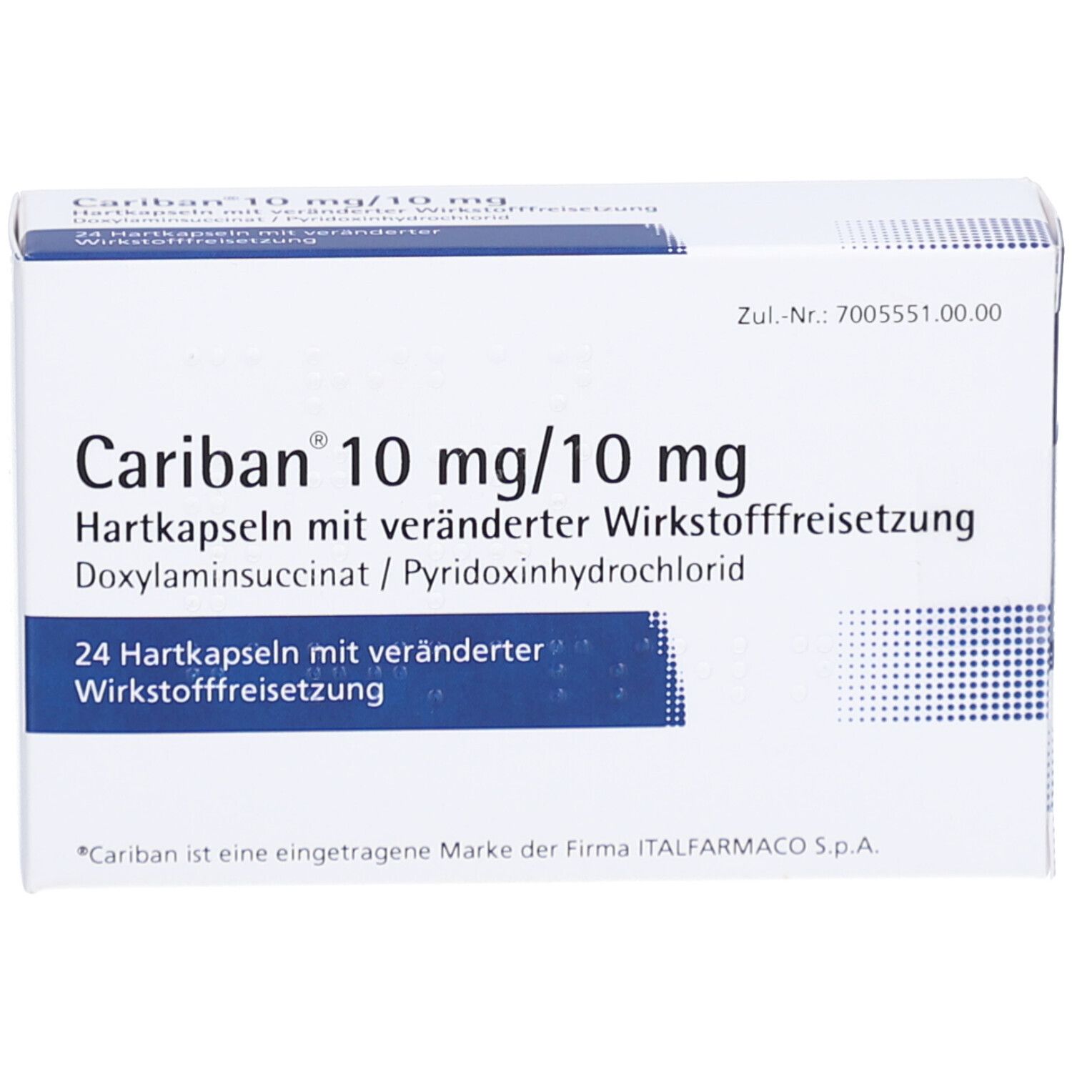 Weiße Schachtel mit blauem Streifen und Produktnamen Cariban 10 mg/10 mg. Enthält 24 Hartkapseln. Text in deutscher Sprache.
