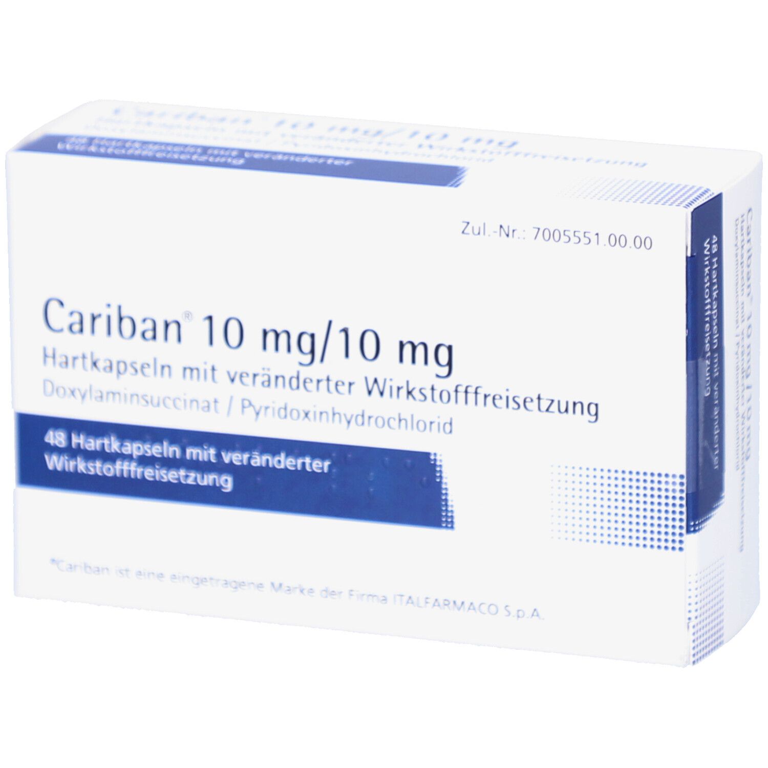 Weiße Schachtel mit blauer Beschriftung. Aufschrift: Cariban 10 mg/10 mg Hartkapseln. 48 Hartkapseln. Zul.-Nr. 7005551.00.00.