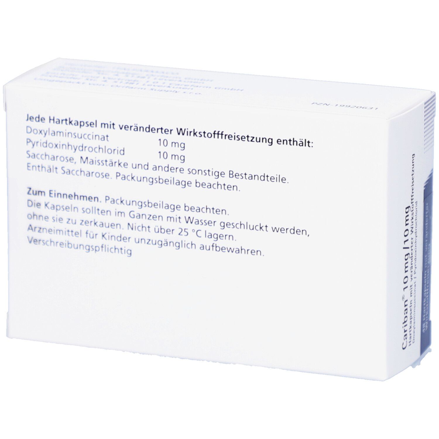 Rückseite der weißen Schachtel. Text: Zusammensetzung, Dosierung, Hinweise. Cariban 10 mg/10 mg Hartkapseln.