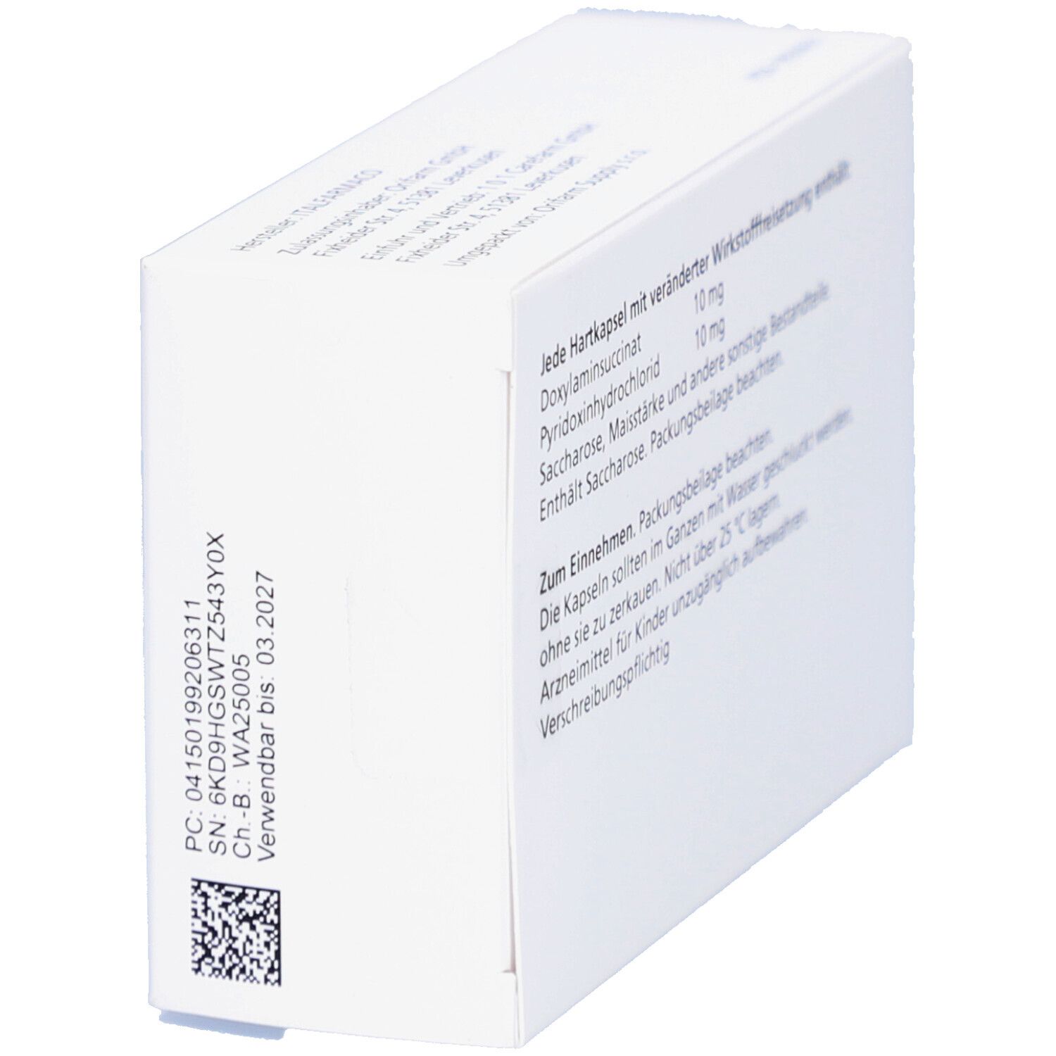Rückseite der weißen Schachtel. Text: Zusammensetzung, Dosierung, Hinweise. Cariban 10 mg/10 mg Hartkapseln.