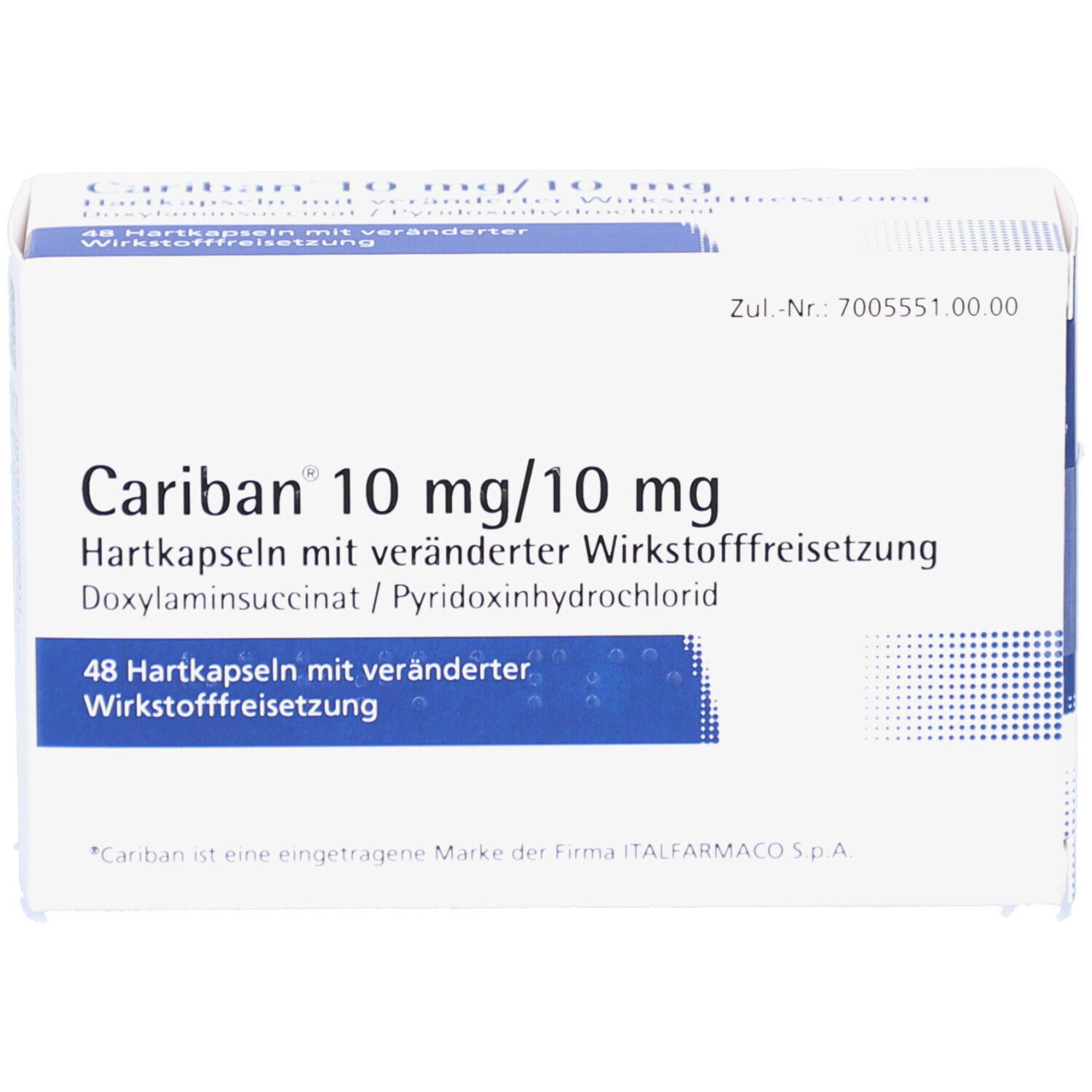 Weiße Schachtel mit blauer Beschriftung. Aufschrift: Cariban 10 mg/10 mg Hartkapseln. 48 Hartkapseln.