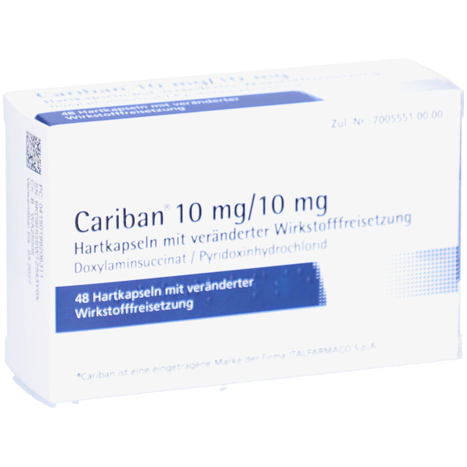 Weiße Schachtel mit blauer Beschriftung. Aufschrift: Cariban 10 mg/10 mg Hartkapseln. 48 Hartkapseln.