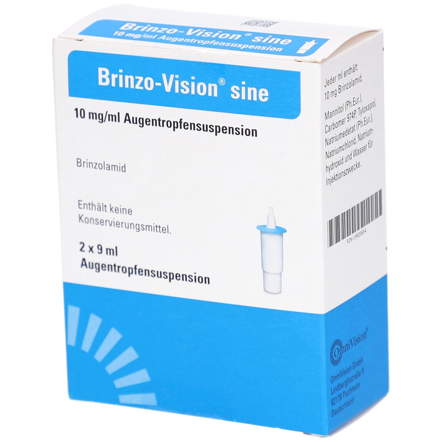Karton von Brinzo-Vision sine Augentropfensuspension. Enthält 2x9 ml. Blaue und weiße Verpackung mit Produktinformationen und einer Abbildung der Tropfflasche.