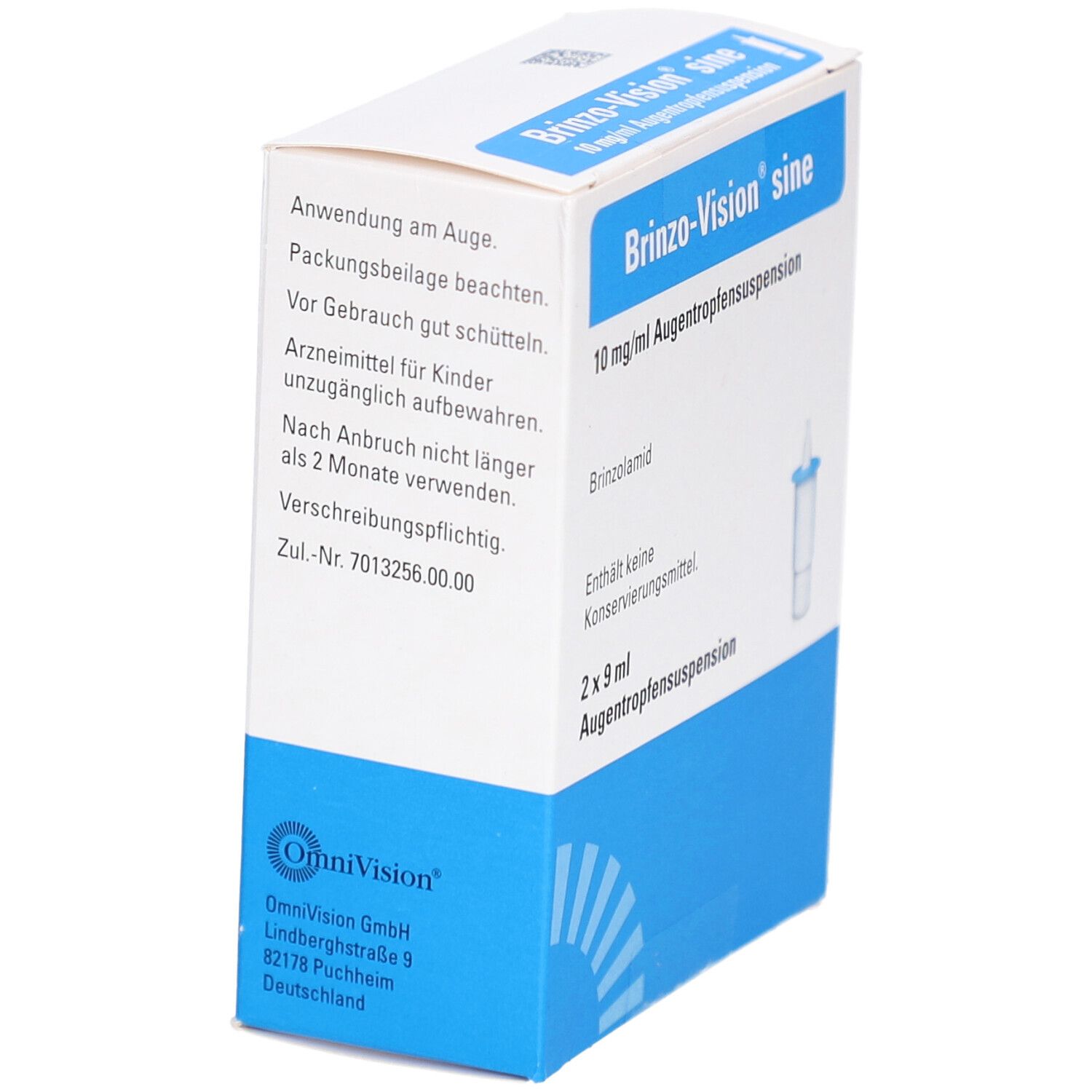 Schrägansicht der Brinzo-Vision sine Augentropfensuspension-Verpackung. Blaue und weiße Schachtel mit Produktinformationen und Herstelleradresse.