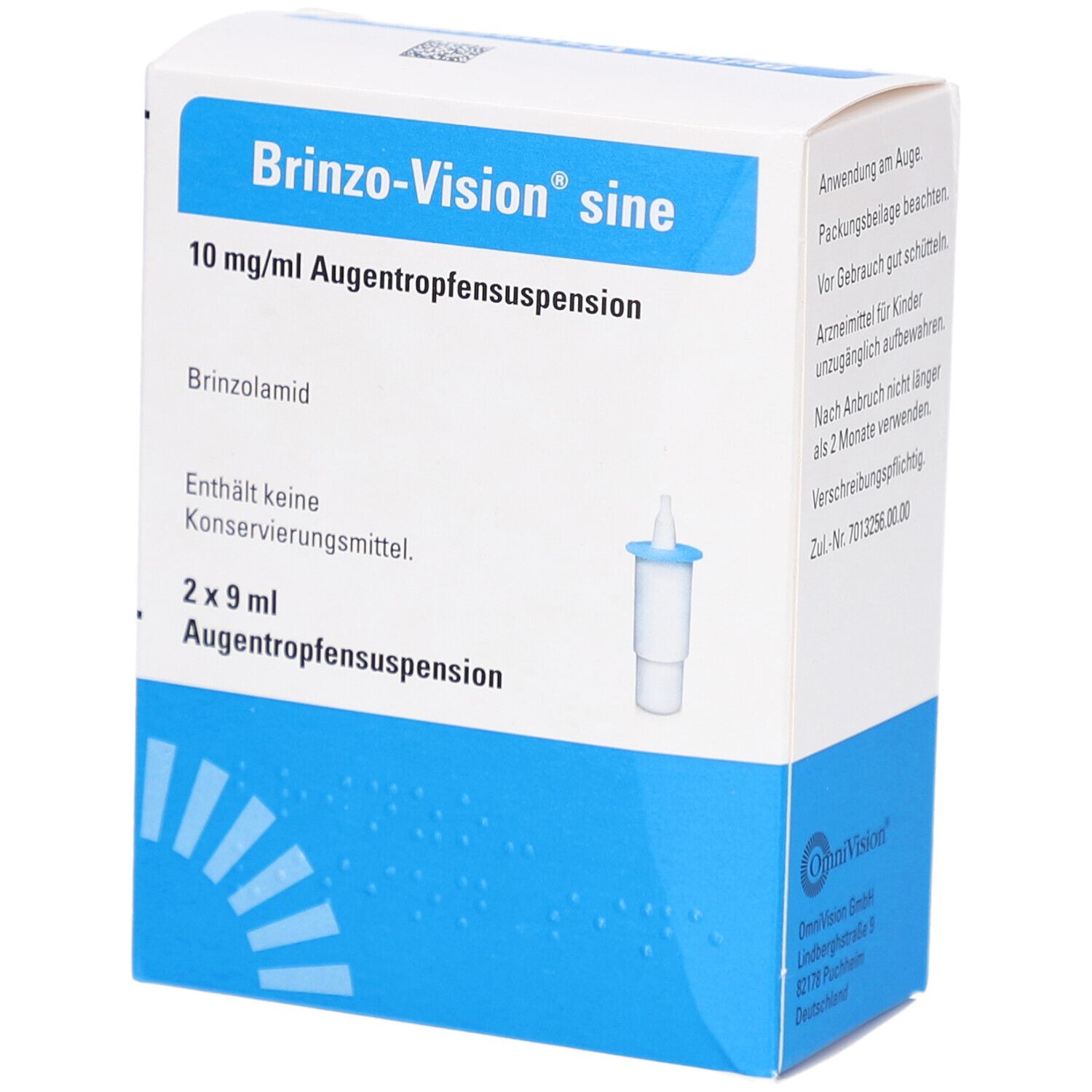 Karton von Brinzo-Vision sine Augentropfensuspension. Blaue und weiße Verpackung mit Produktnamen, Inhaltsstoffen und einer Abbildung der Tropfflasche.