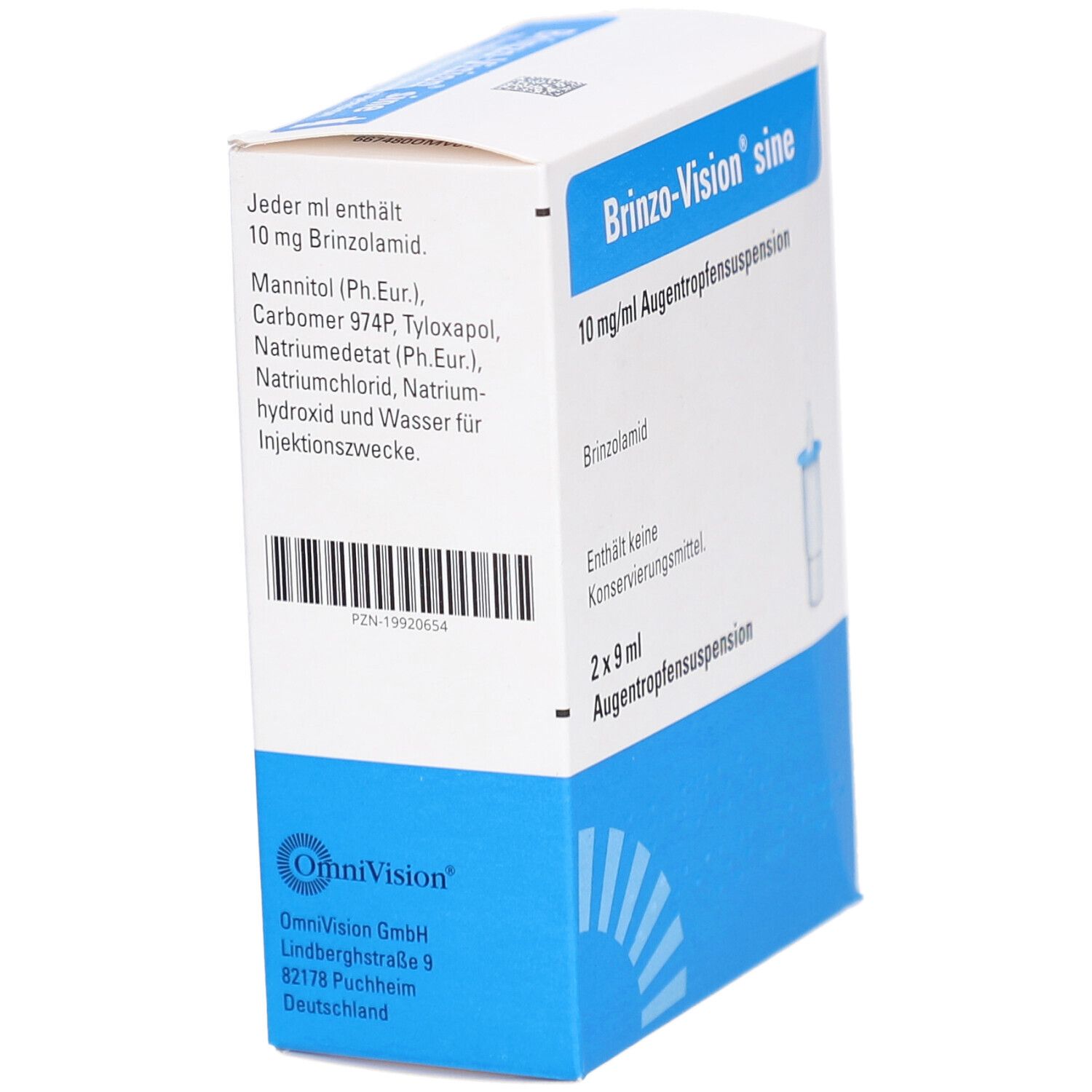 Schrägansicht der Brinzo-Vision sine Augentropfensuspension-Verpackung. Blaue und weiße Schachtel mit Produktinformationen und Inhaltsstoffen.