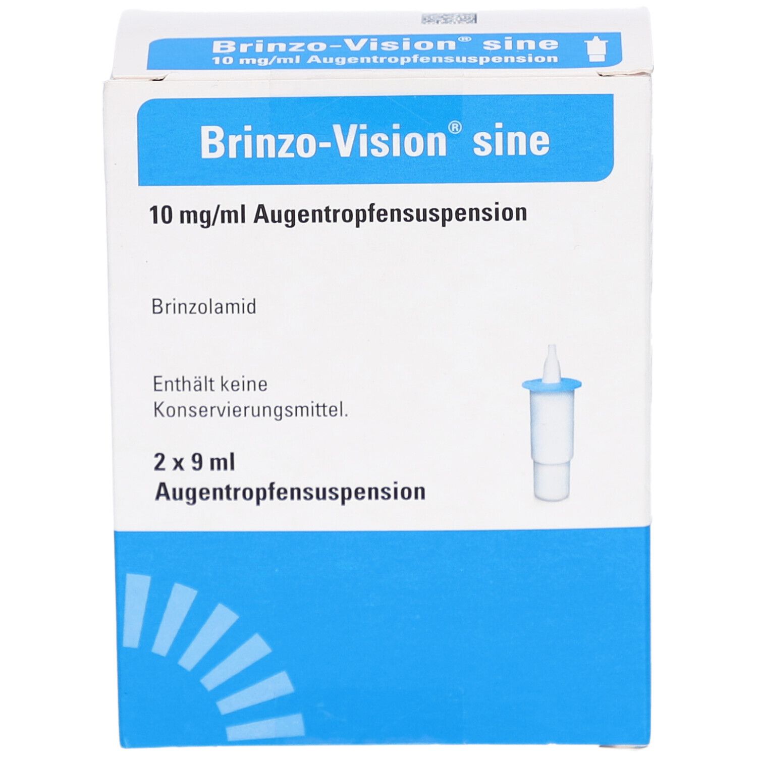 Karton von Brinzo-Vision sine Augentropfensuspension. Blaue und weiße Verpackung mit Produktnamen, Inhaltsstoffen und einer Abbildung der Tropfflasche.