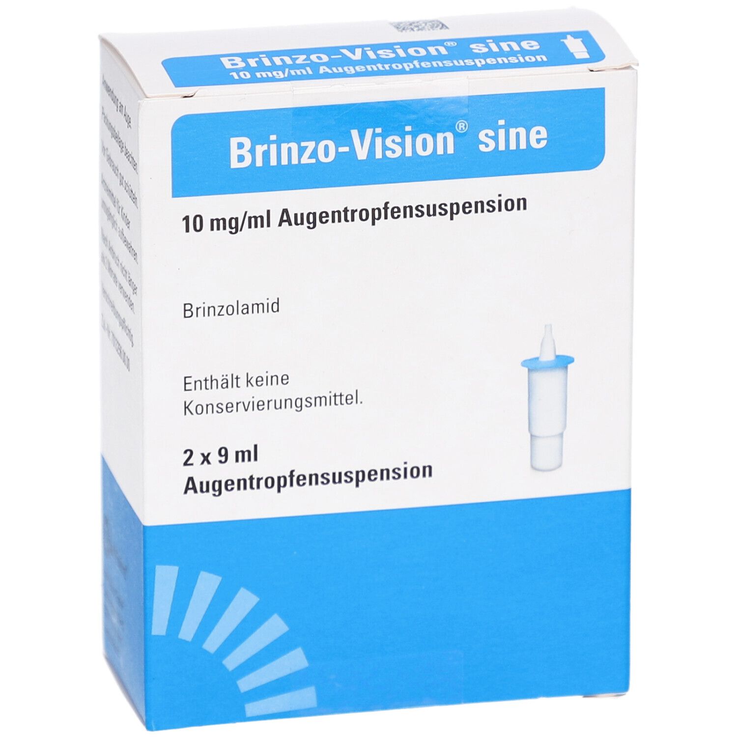 Karton von Brinzo-Vision sine Augentropfensuspension. Blaue und weiße Verpackung mit Produktnamen, Inhaltsstoffen und einer Abbildung der Tropfflasche.