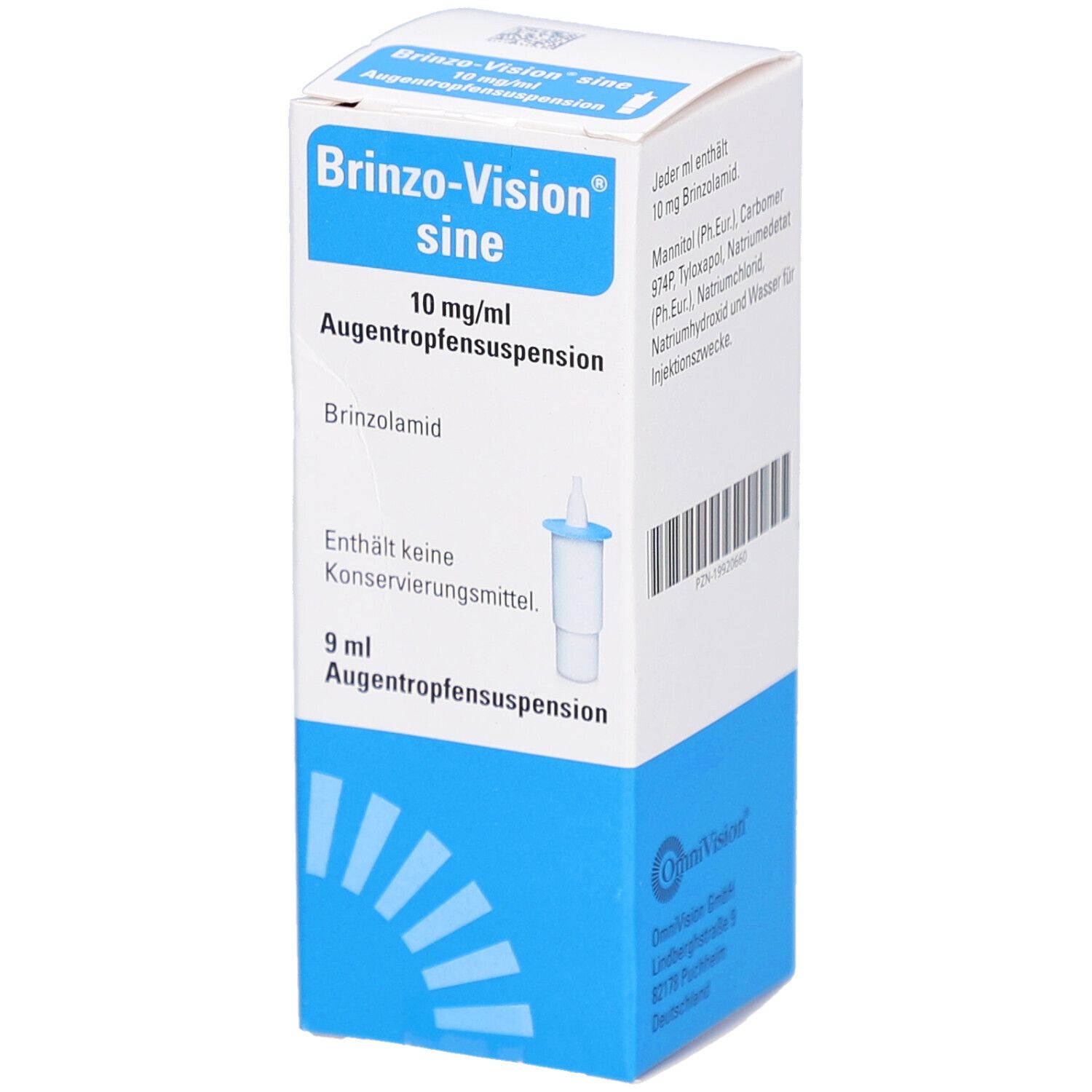 Karton von Brinzo-Vision sine Augentropfensuspension. Enthält 10 mg/ml. Mit Applikator. Blaue und weiße Verpackung.