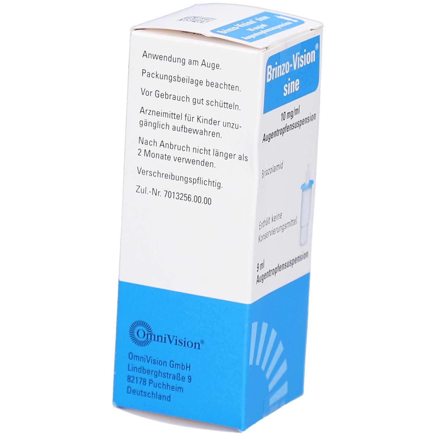 Rückseite der Brinzo-Vision sine Verpackung. Enthält Informationen zur Anwendung und Herstelleradresse.