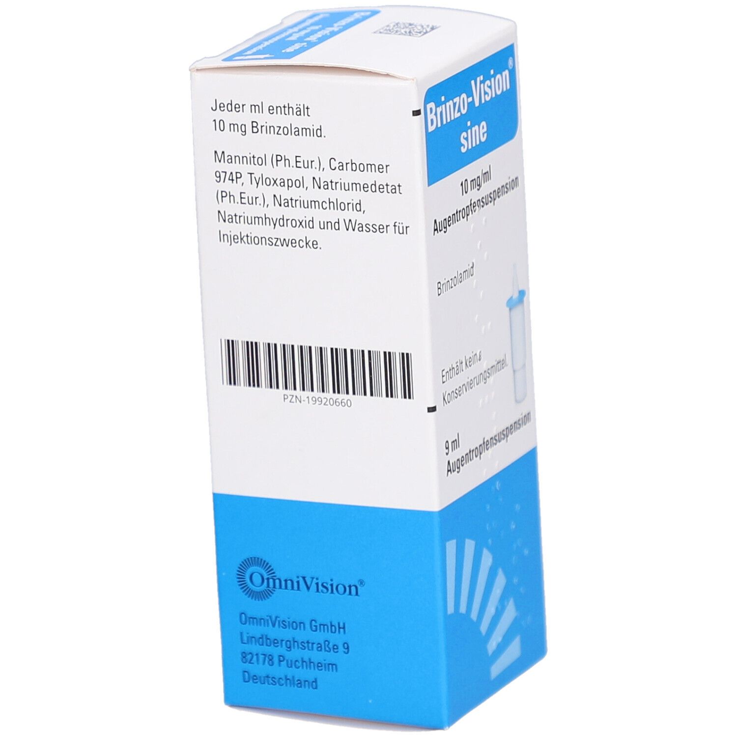 Seite der Brinzo-Vision sine Verpackung. Enthält Inhaltsstoffe und Herstellerinformationen.