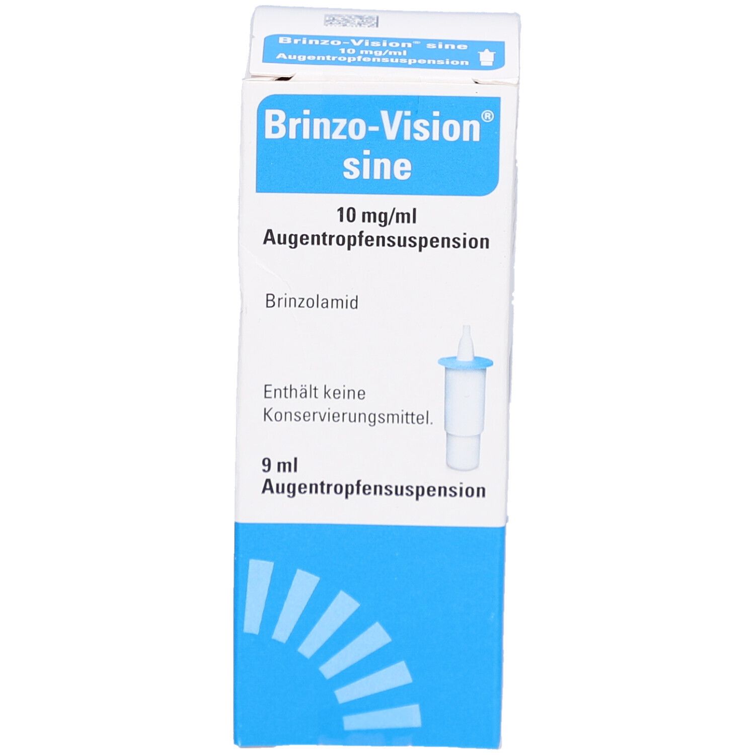 Karton von Brinzo-Vision sine Augentropfensuspension. Enthält 10 mg/ml. Mit Applikator. Blaue und weiße Verpackung.