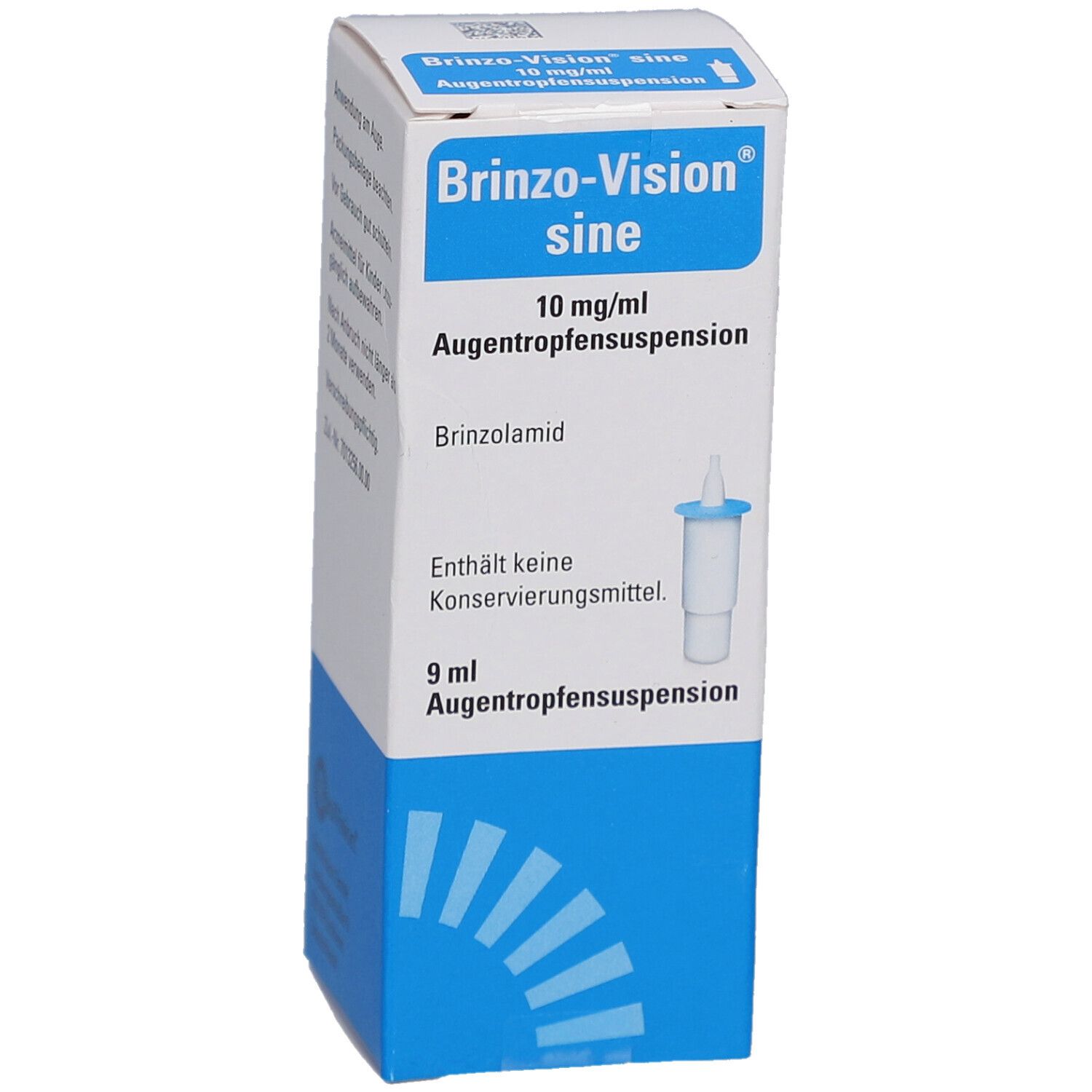 Karton von Brinzo-Vision sine Augentropfensuspension. Enthält 10 mg/ml. Mit Applikator. Blaue und weiße Verpackung.