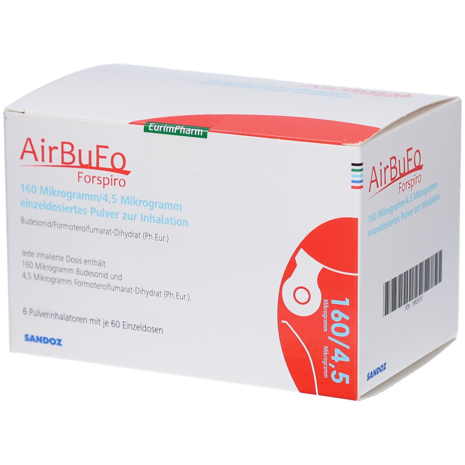 Weiße Schachtel mit rotem Design. Aufschrift: AirBuFo Forspiro, 160 Mikrogramm/4,5 Mikrogramm. Enthält 6 Inhalatoren mit 60 Einzeldosen.