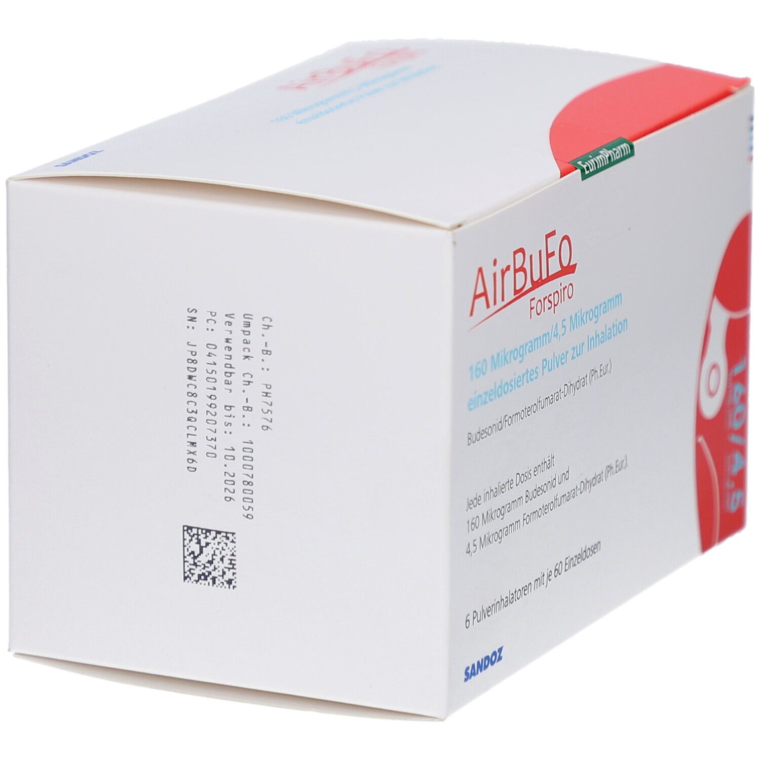 Weiße Schachtel, Seitenansicht. Aufschrift: AirBuFo Forspiro, 160 Mikrogramm/4,5 Mikrogramm. Enthält 6 Inhalatoren mit 60 Einzeldosen. Barcode und Text.
