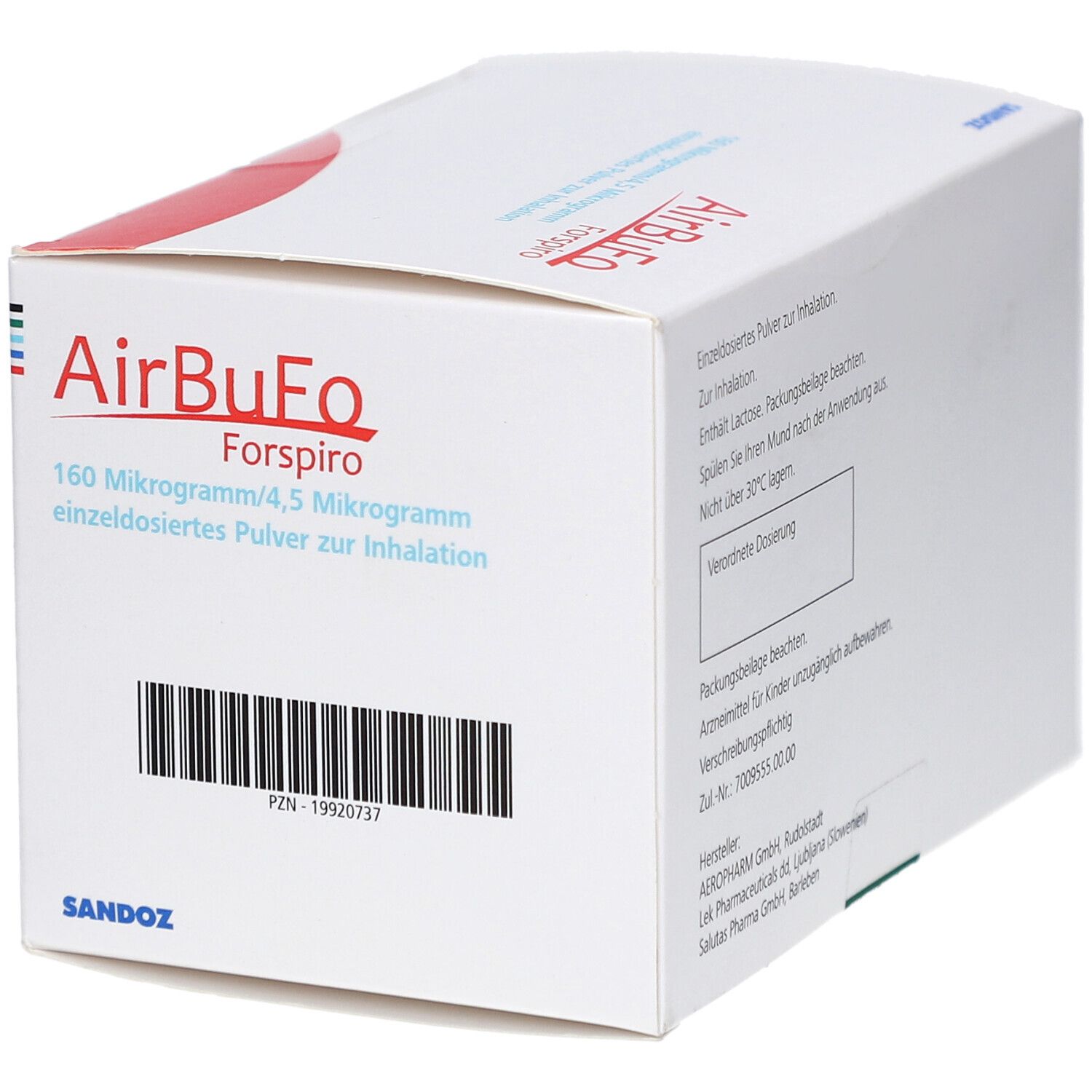 Weiße Schachtel mit Barcode. Aufschrift: AirBuFo Forspiro, 160 Mikrogramm/4,5 Mikrogramm. Enthält 6 Inhalatoren mit 60 Einzeldosen.