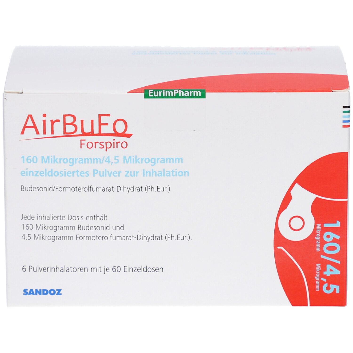 Weiße Schachtel mit rotem Design. Aufschrift: AirBuFo Forspiro, 160 Mikrogramm/4,5 Mikrogramm. Enthält 6 Inhalatoren mit 60 Einzeldosen.