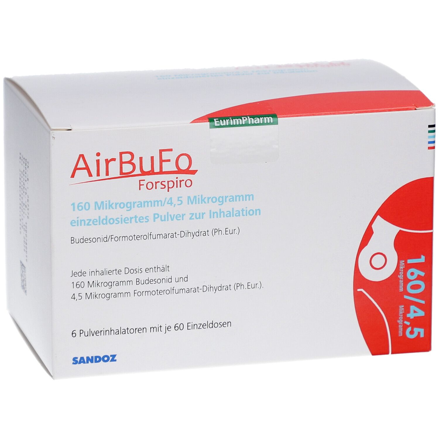 Weiße Schachtel mit rotem Design. Aufschrift: AirBuFo Forspiro, 160 Mikrogramm/4,5 Mikrogramm. Enthält 6 Inhalatoren mit 60 Einzeldosen.