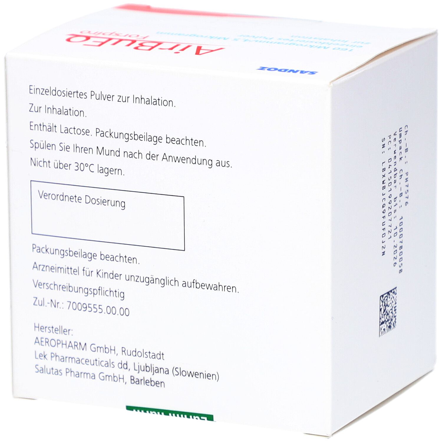 Weiße Schachtel mit Produktinformationen. Enthält AirBuFo Forspiro. Hinweise zur Dosierung, Aufbewahrung und Hersteller.